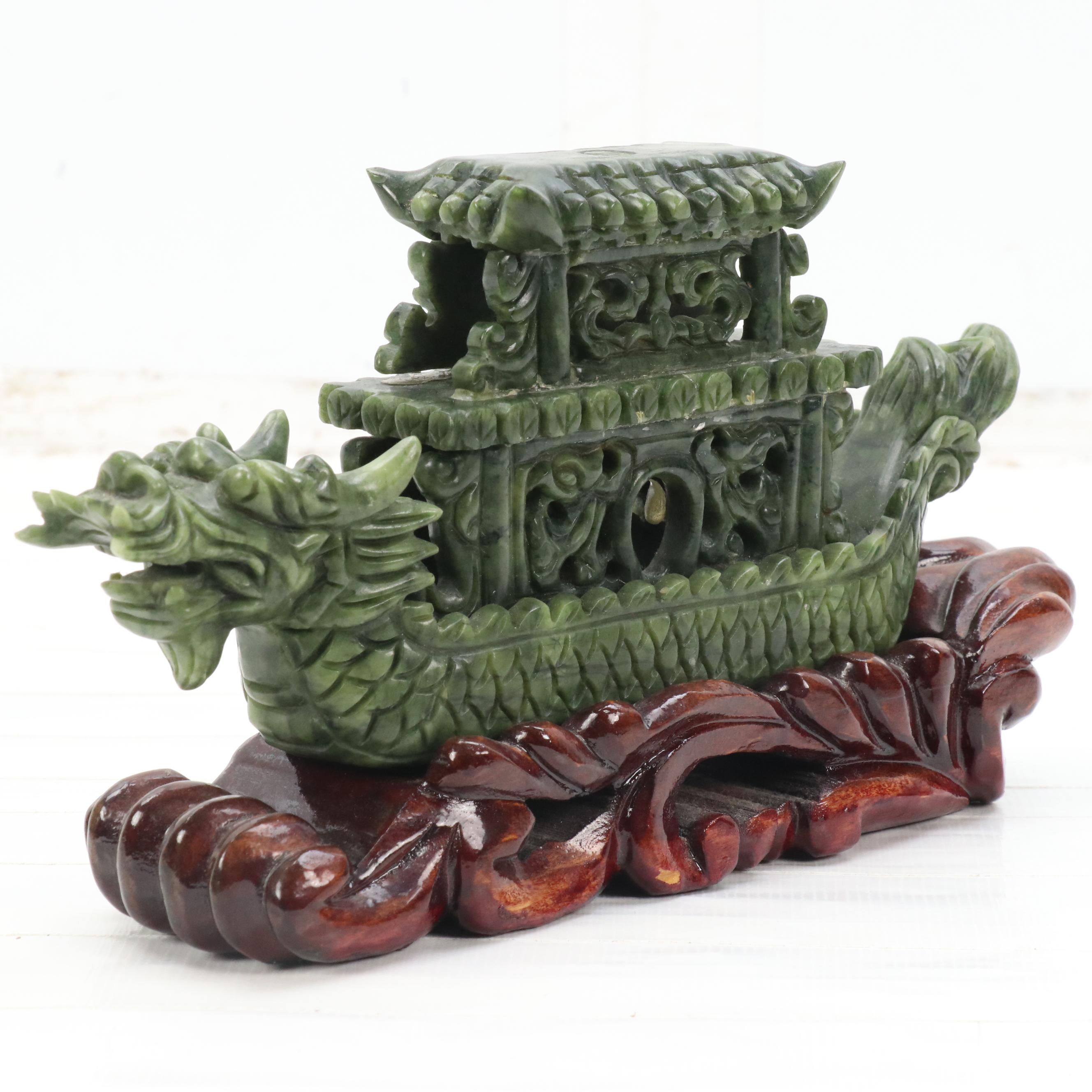 Chinese Carved Serpentine Dragon Boat on Carved Wood Base