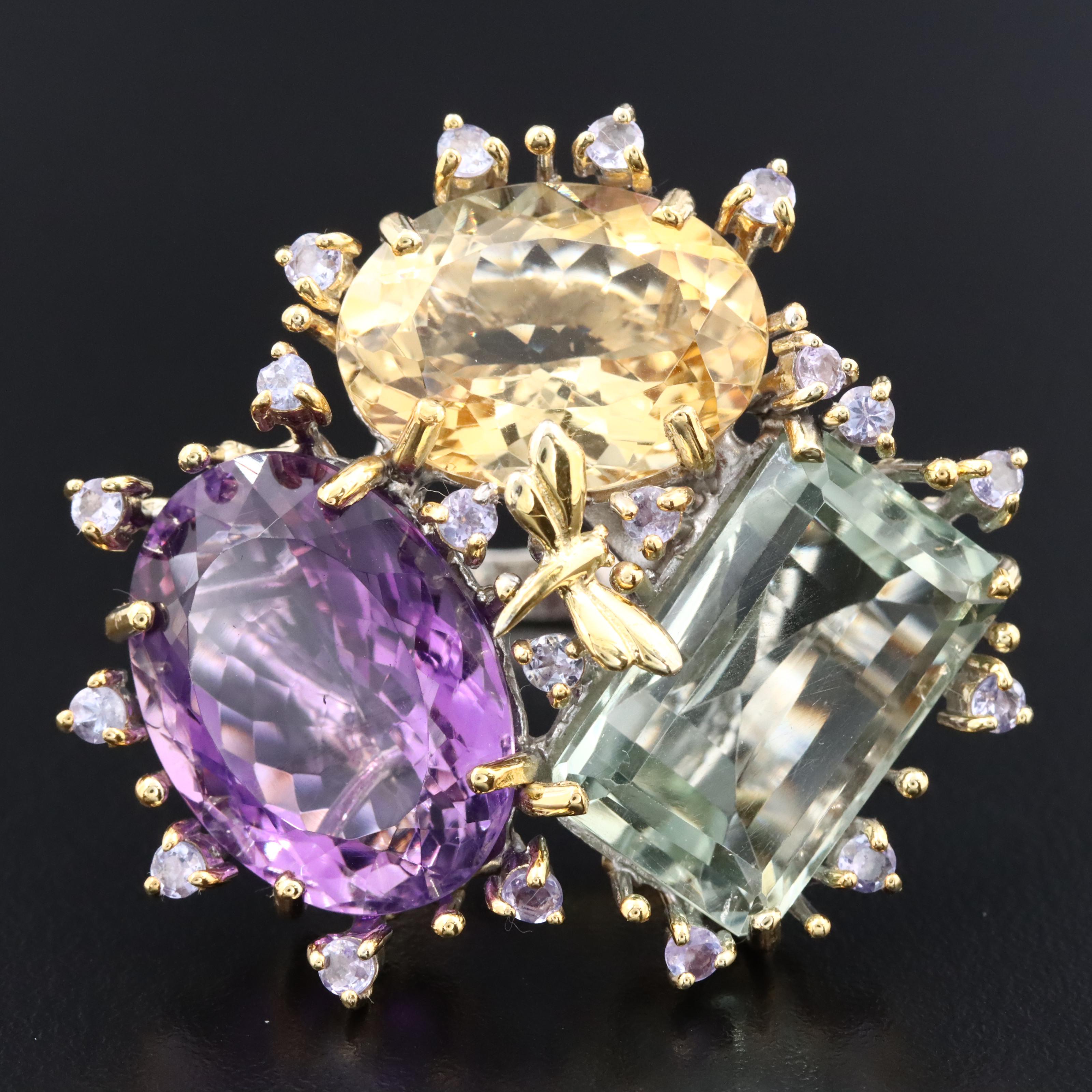 Sterling Amethyst, Citrine and Prasiolite Ring