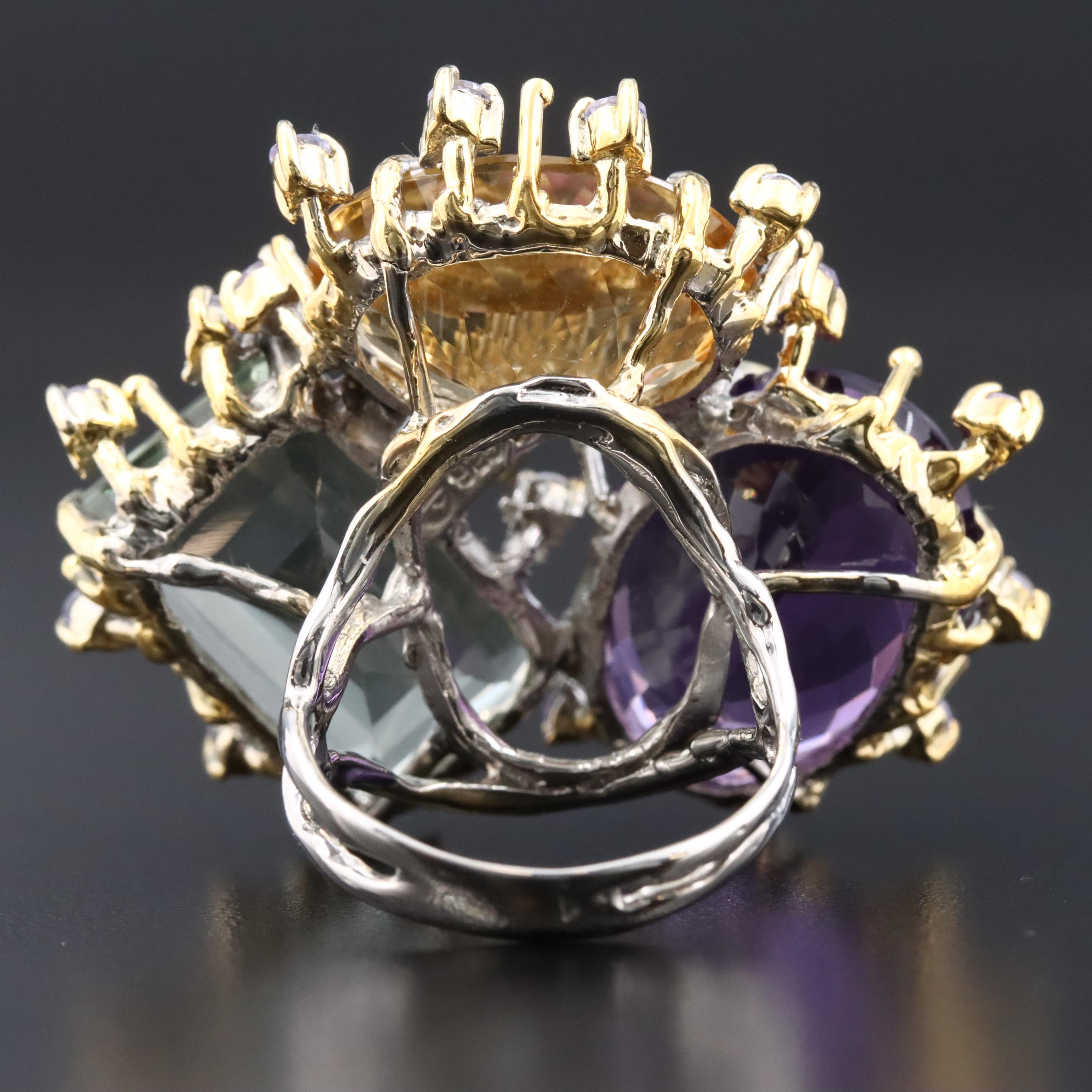 Sterling Amethyst, Citrine and Prasiolite Ring