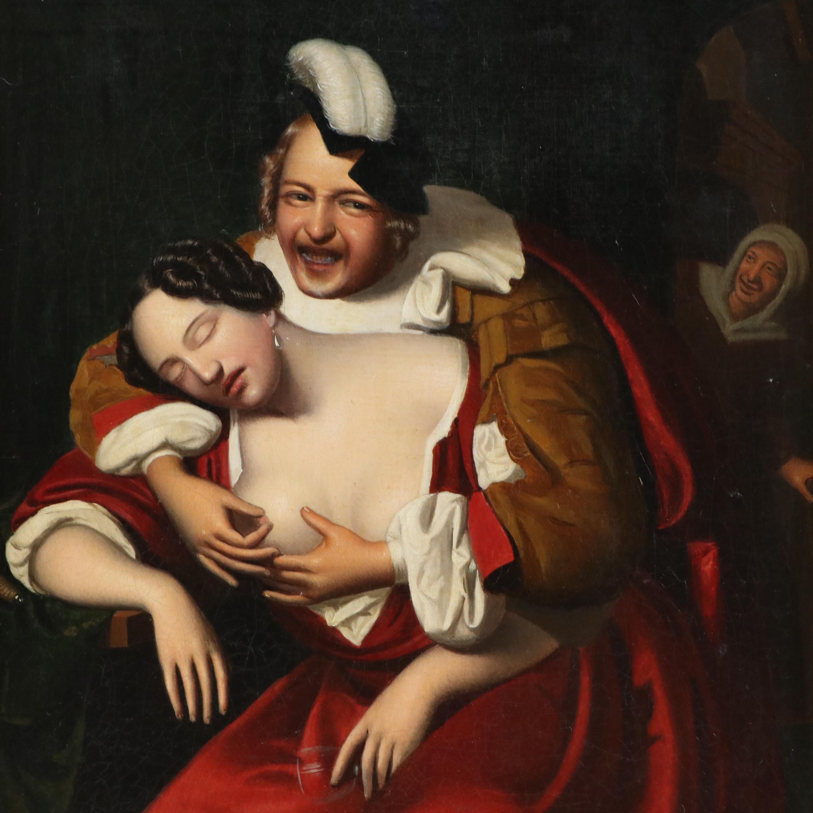 Figurative Oil Painting After Jan Tielius "A Libertine and a Sleeping Lady"