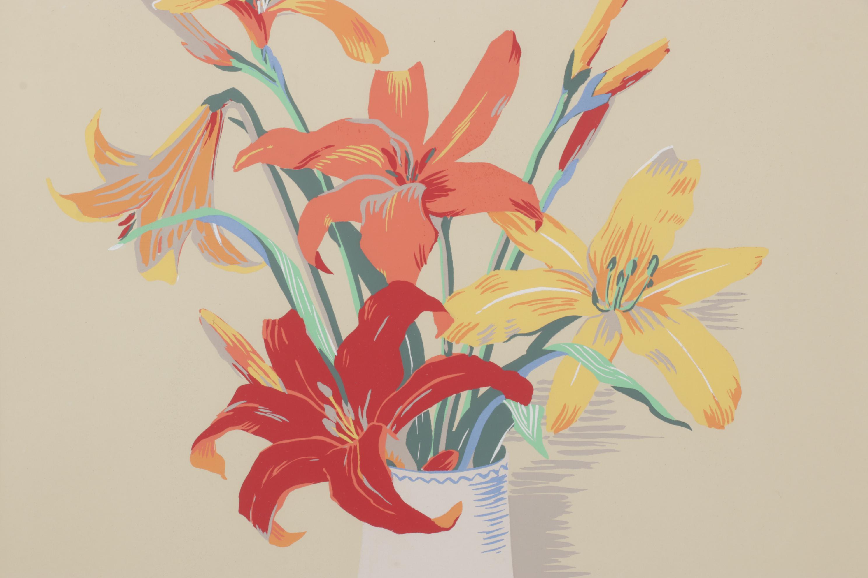 Lili Genet Warm Colored Screenprint of Floral Bouquet, Late 20th Century