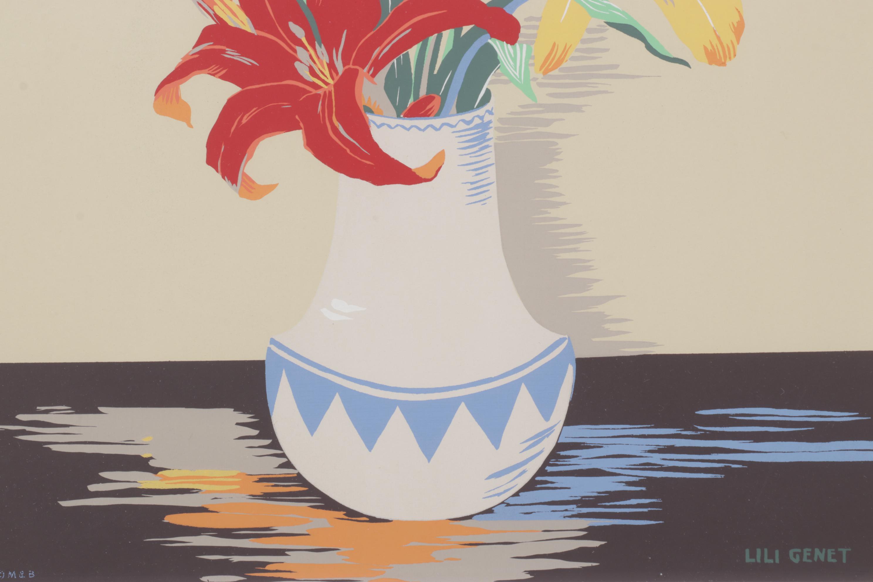 Lili Genet Warm Colored Screenprint of Floral Bouquet, Late 20th Century