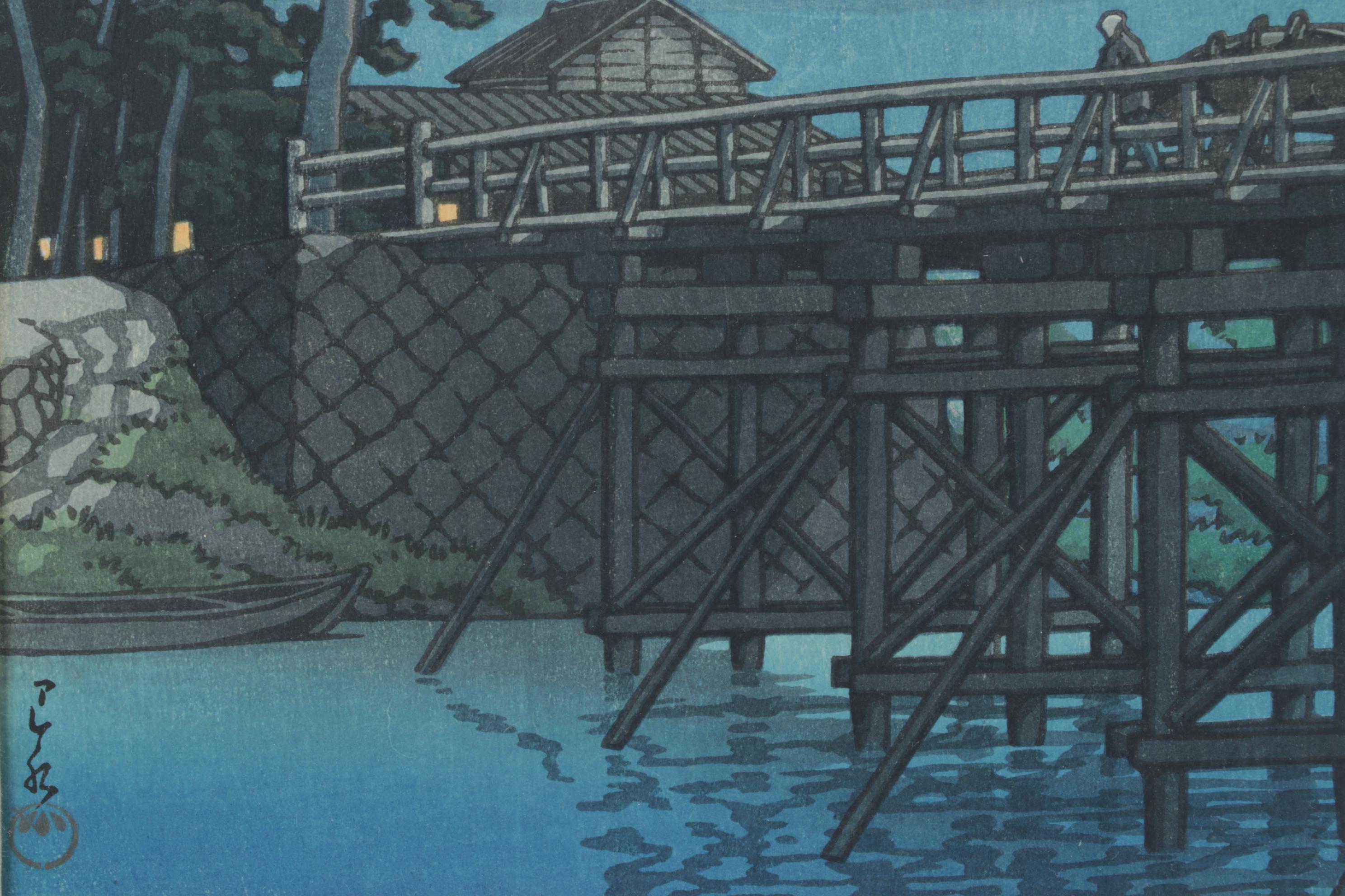 Kawase Hasui "Mount Fuji On A Moonlit Night, Kawai Bridge" Woodblock Print