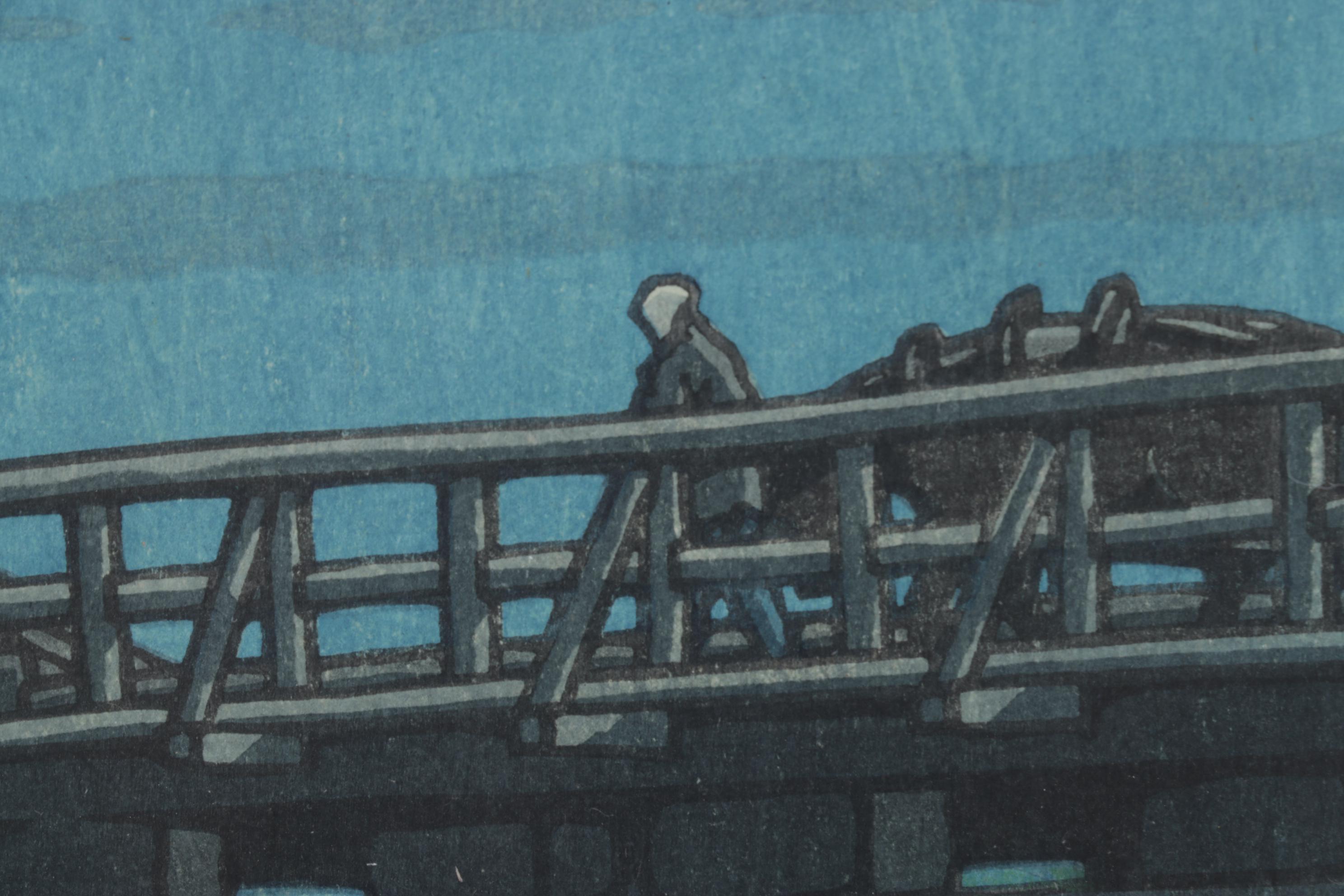 Kawase Hasui "Mount Fuji On A Moonlit Night, Kawai Bridge" Woodblock Print