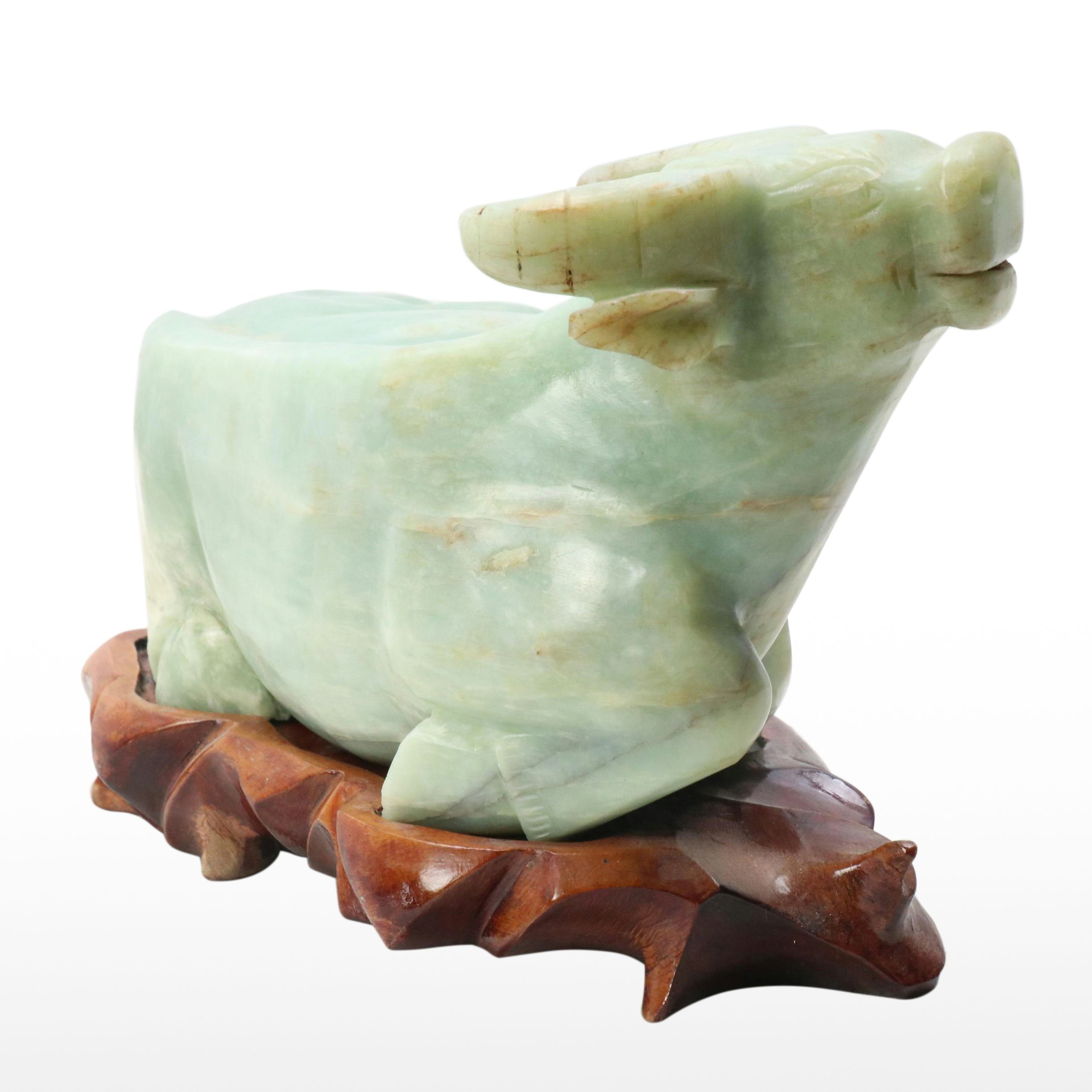 Chinese Carved Serpentine Water Buffalo Sculpture on Carved Wood Plinth