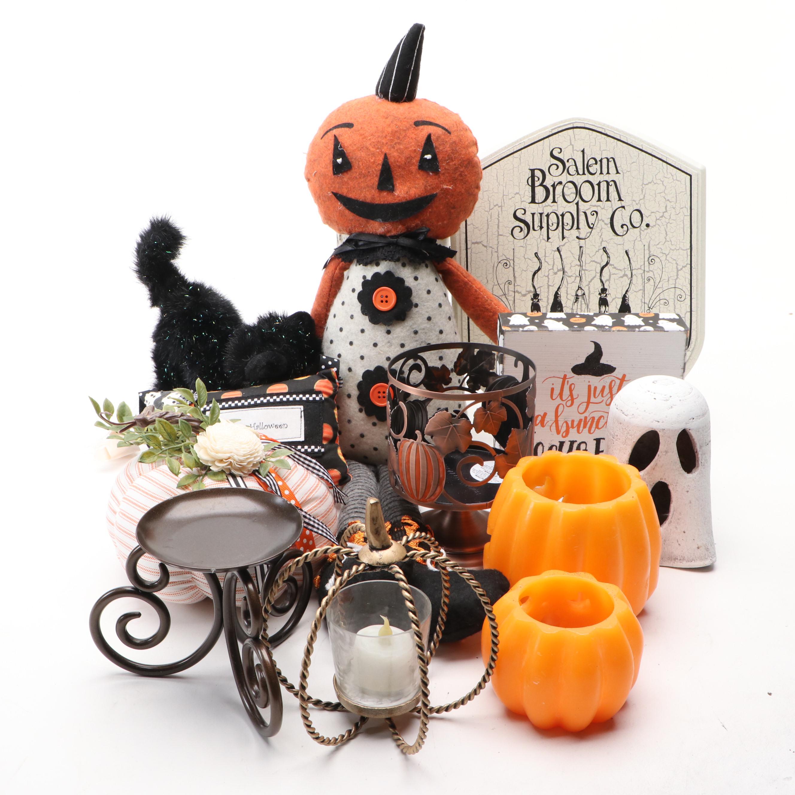 Halloween Folk Art Style Pumpkin Doll, Sign, Candle Holders and More Decor