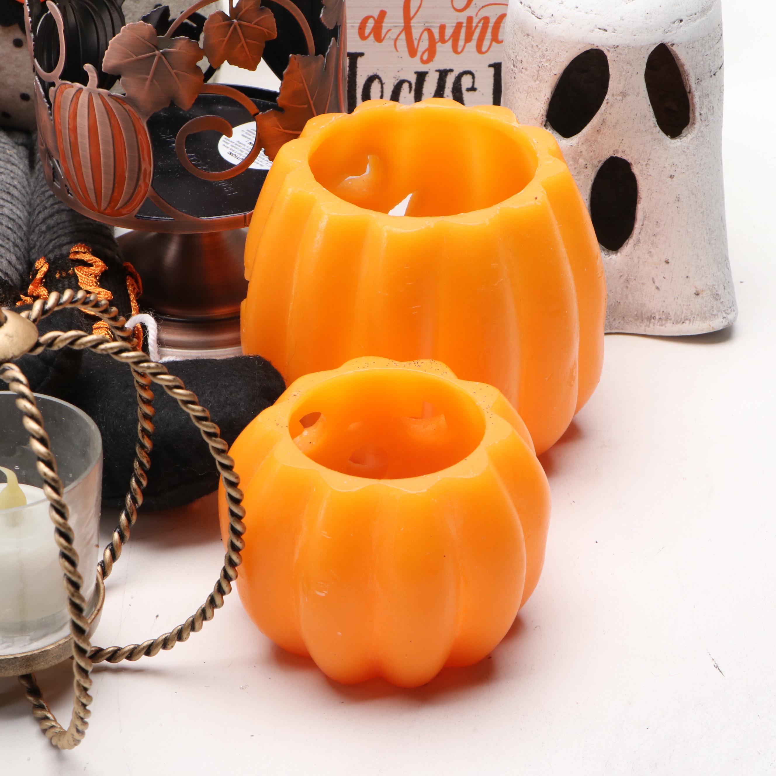 Halloween Folk Art Style Pumpkin Doll, Sign, Candle Holders and More Decor