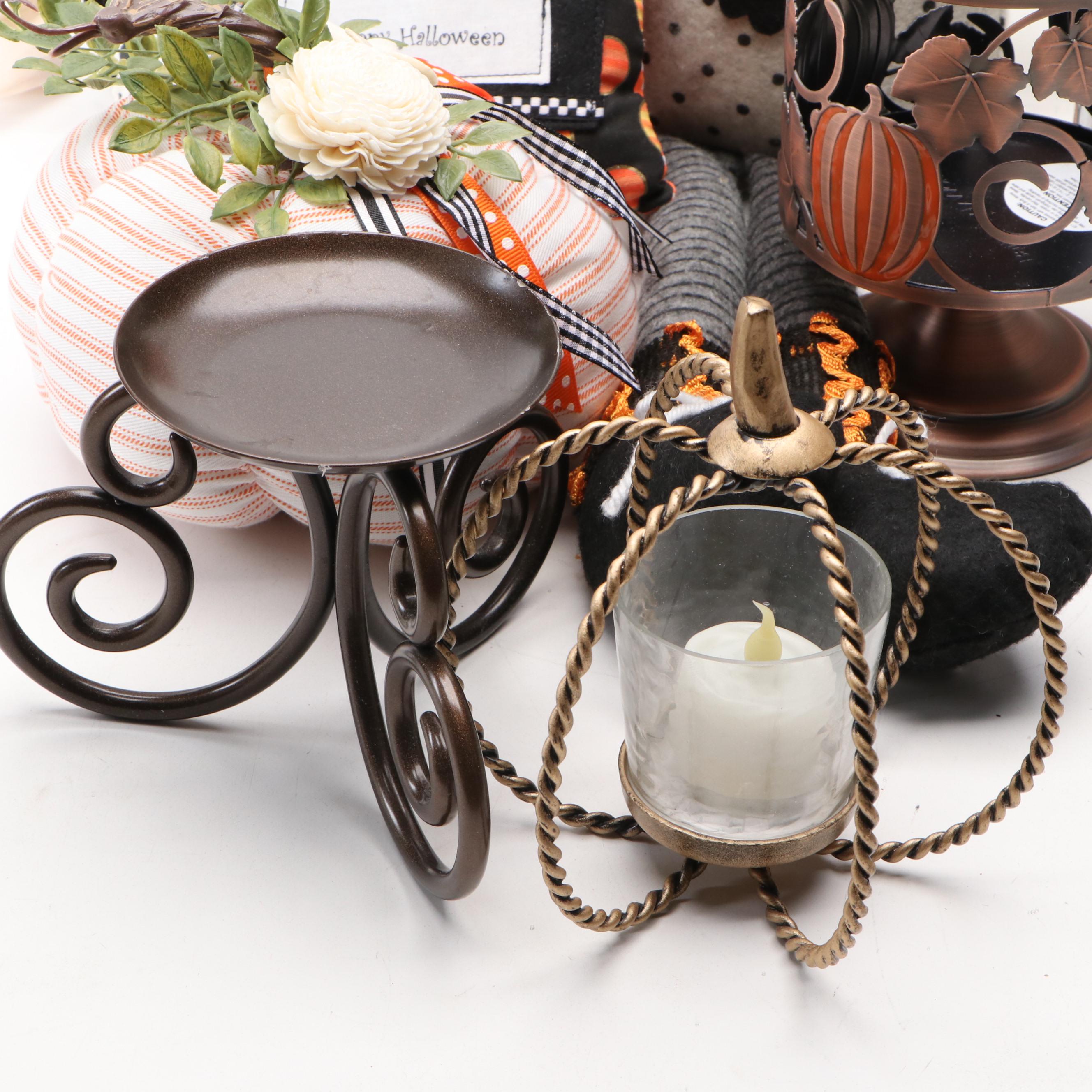 Halloween Folk Art Style Pumpkin Doll, Sign, Candle Holders and More Decor