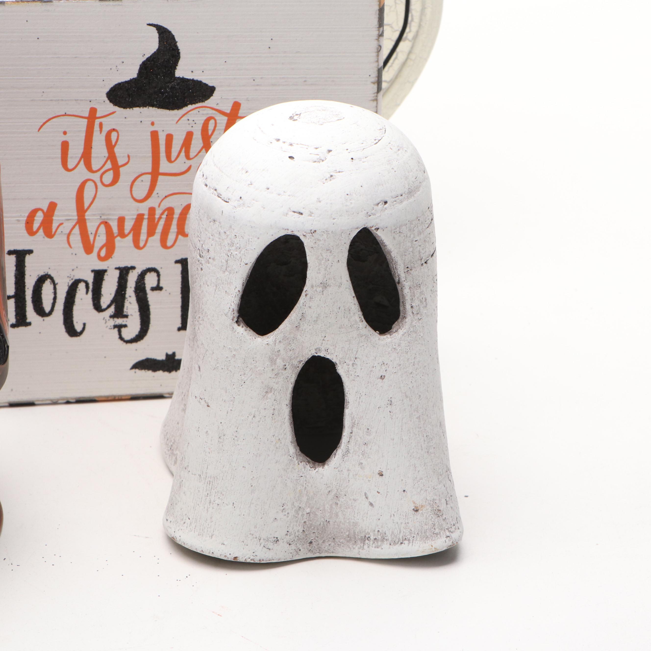 Halloween Folk Art Style Pumpkin Doll, Sign, Candle Holders and More Decor
