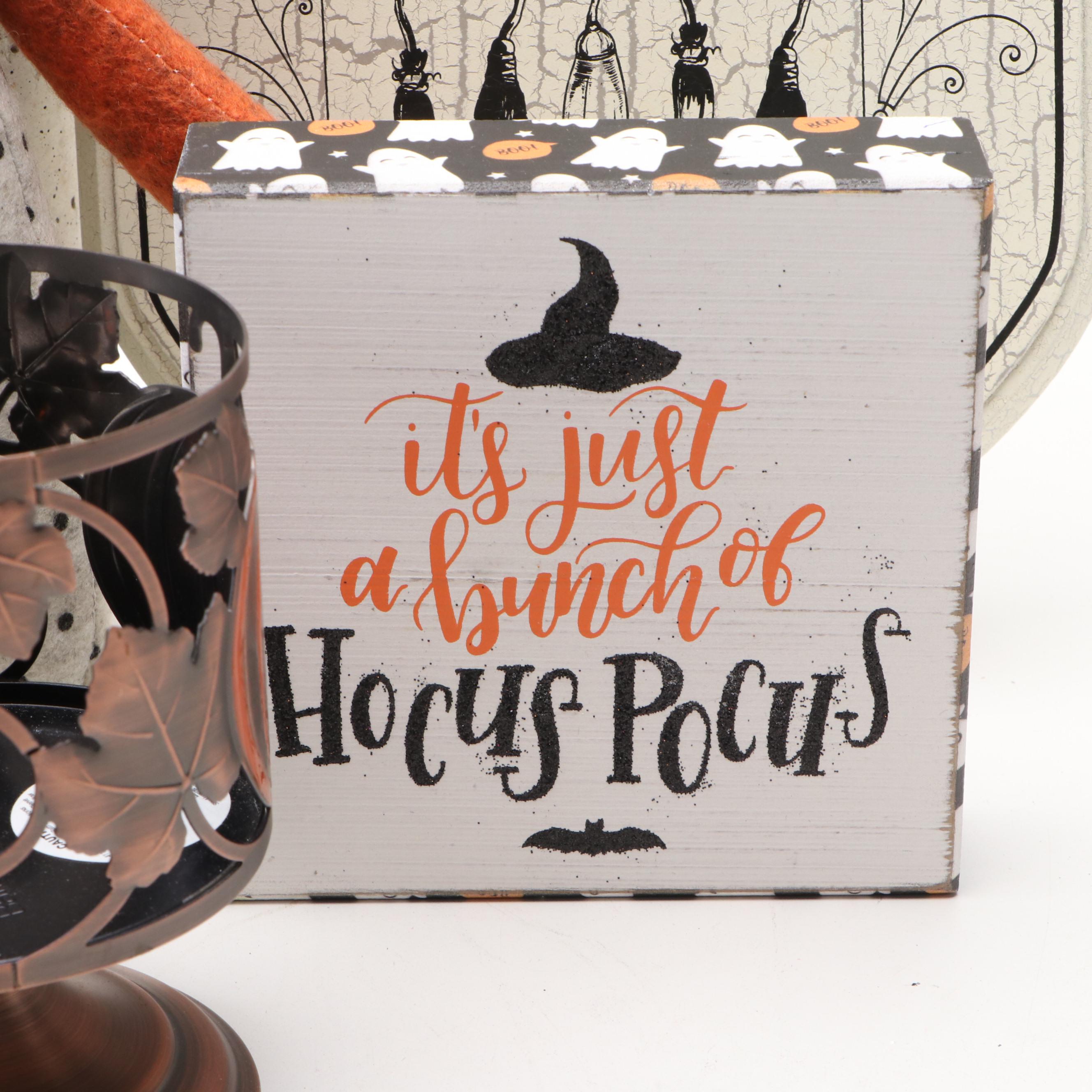 Halloween Folk Art Style Pumpkin Doll, Sign, Candle Holders and More Decor