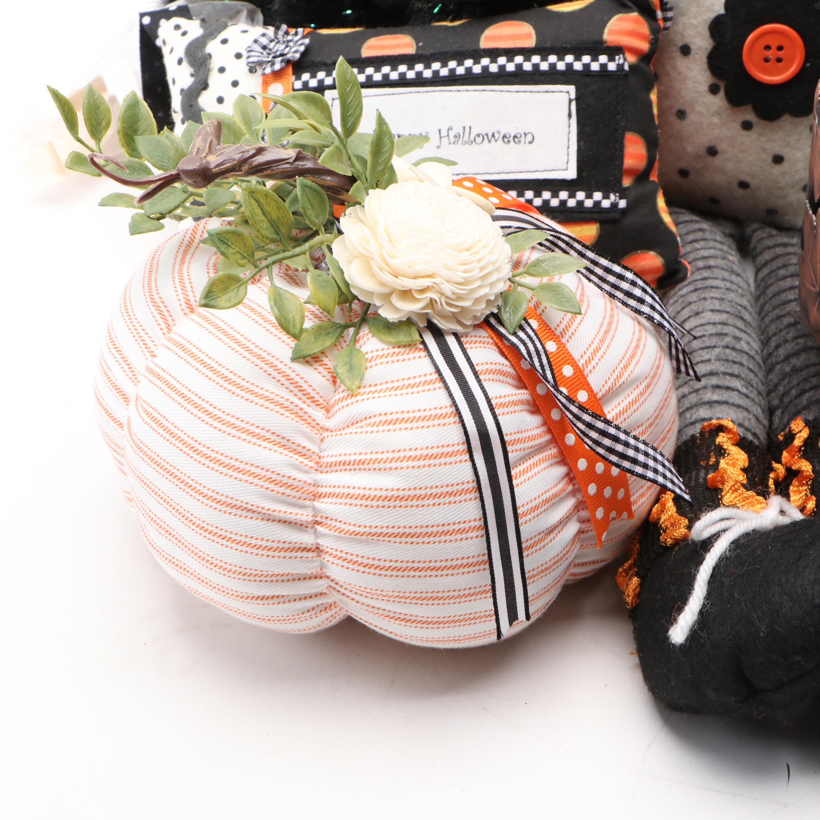 Halloween Folk Art Style Pumpkin Doll, Sign, Candle Holders and More Decor