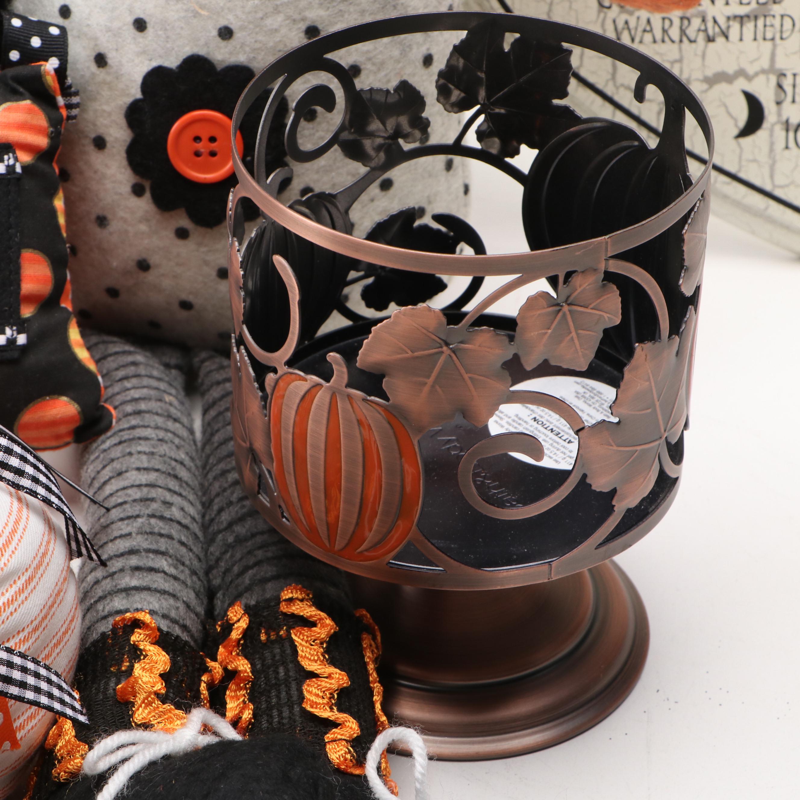 Halloween Folk Art Style Pumpkin Doll, Sign, Candle Holders and More Decor