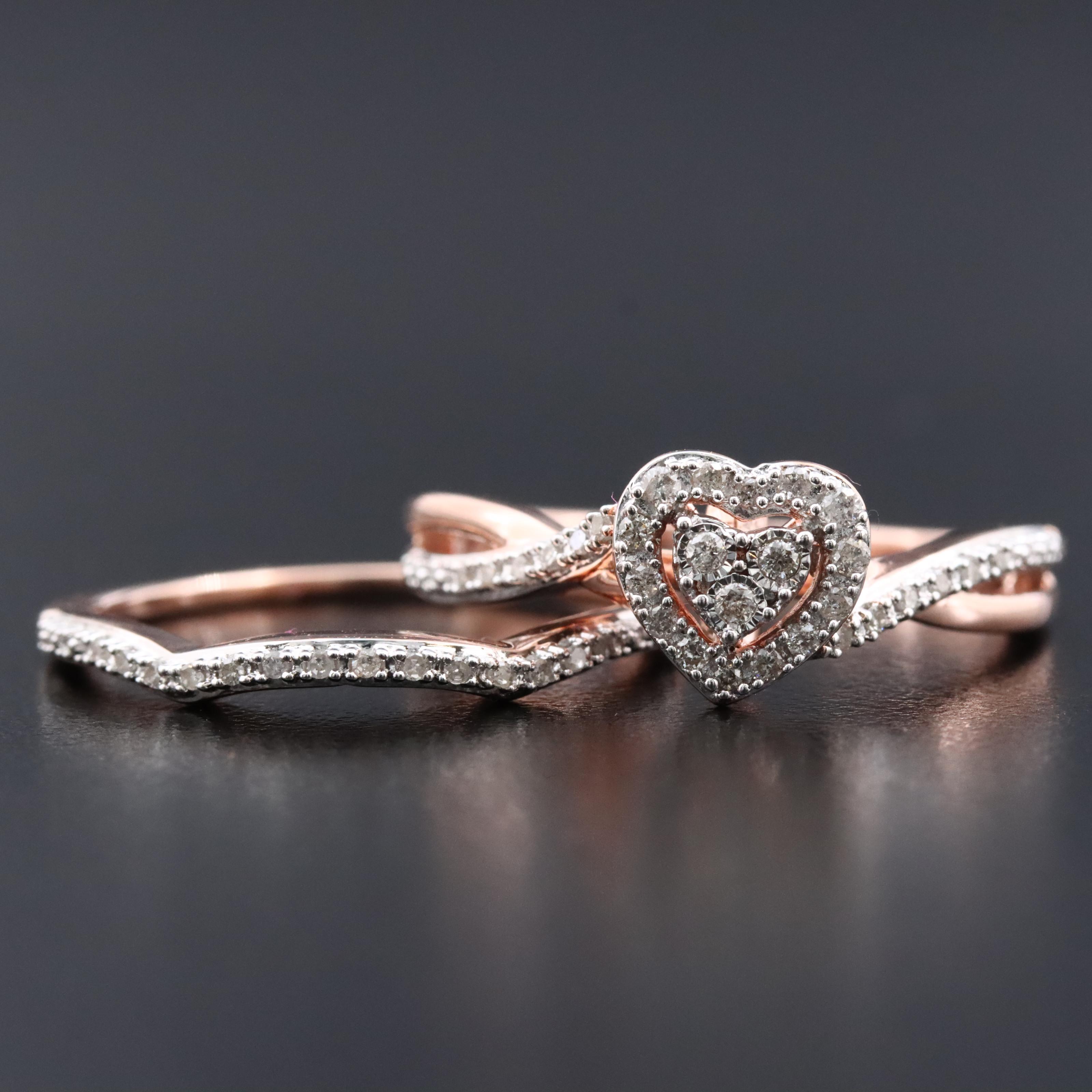 Sterling Diamond Heart Halo Ring Set