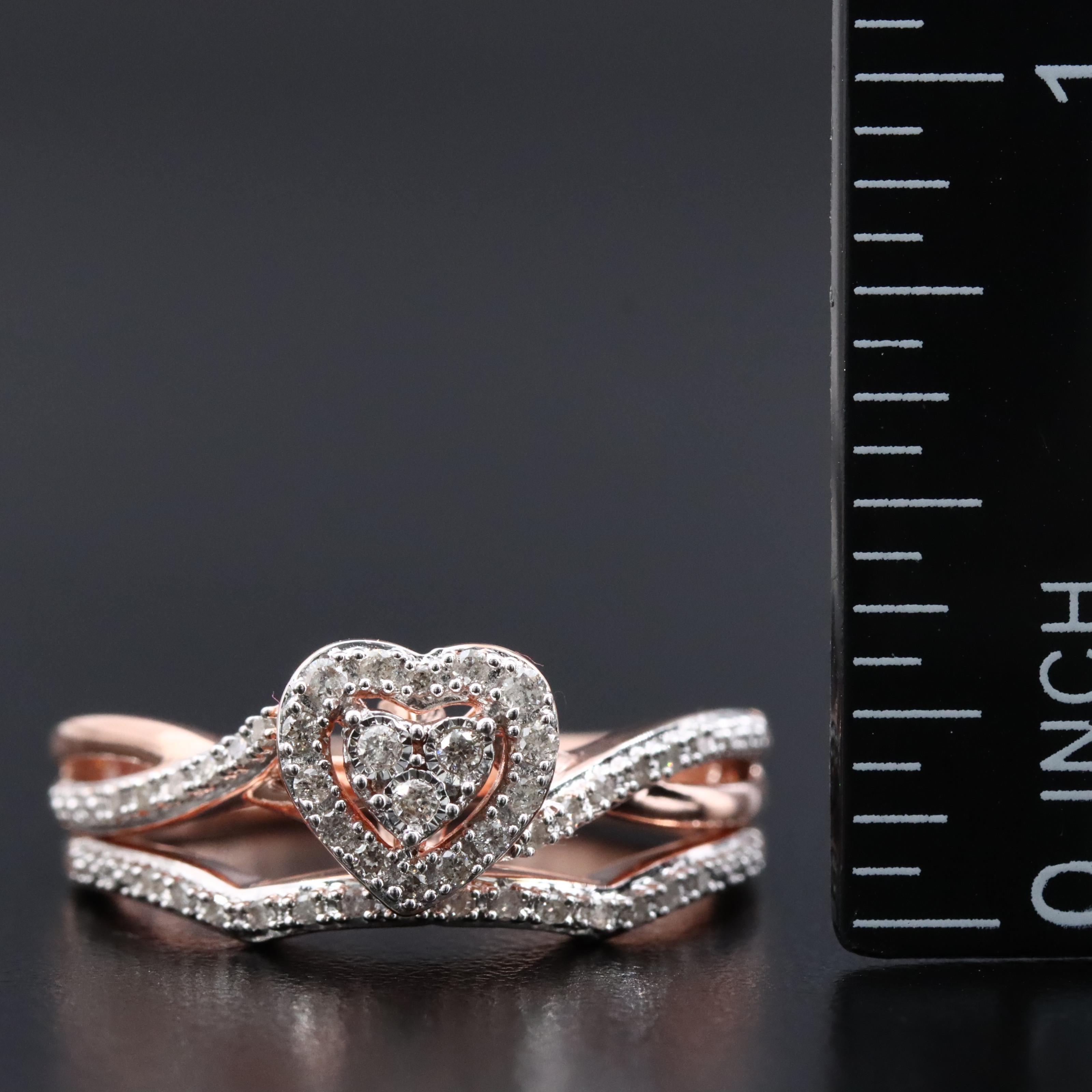 Sterling Diamond Heart Halo Ring Set
