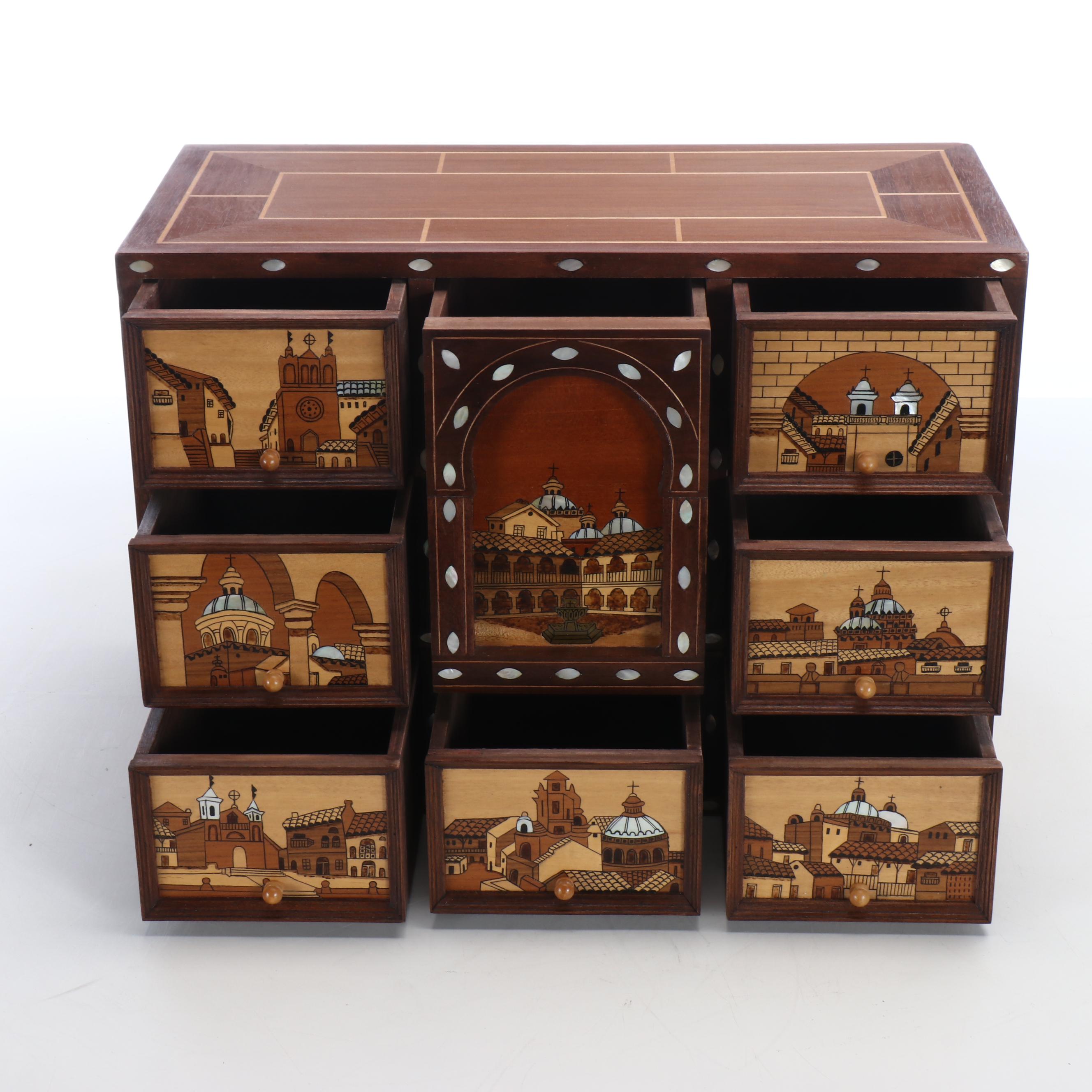 Mahogany & MOP Vargueno Travel Cabinet with Painted Mudéjar Scenes, Ornate Stand