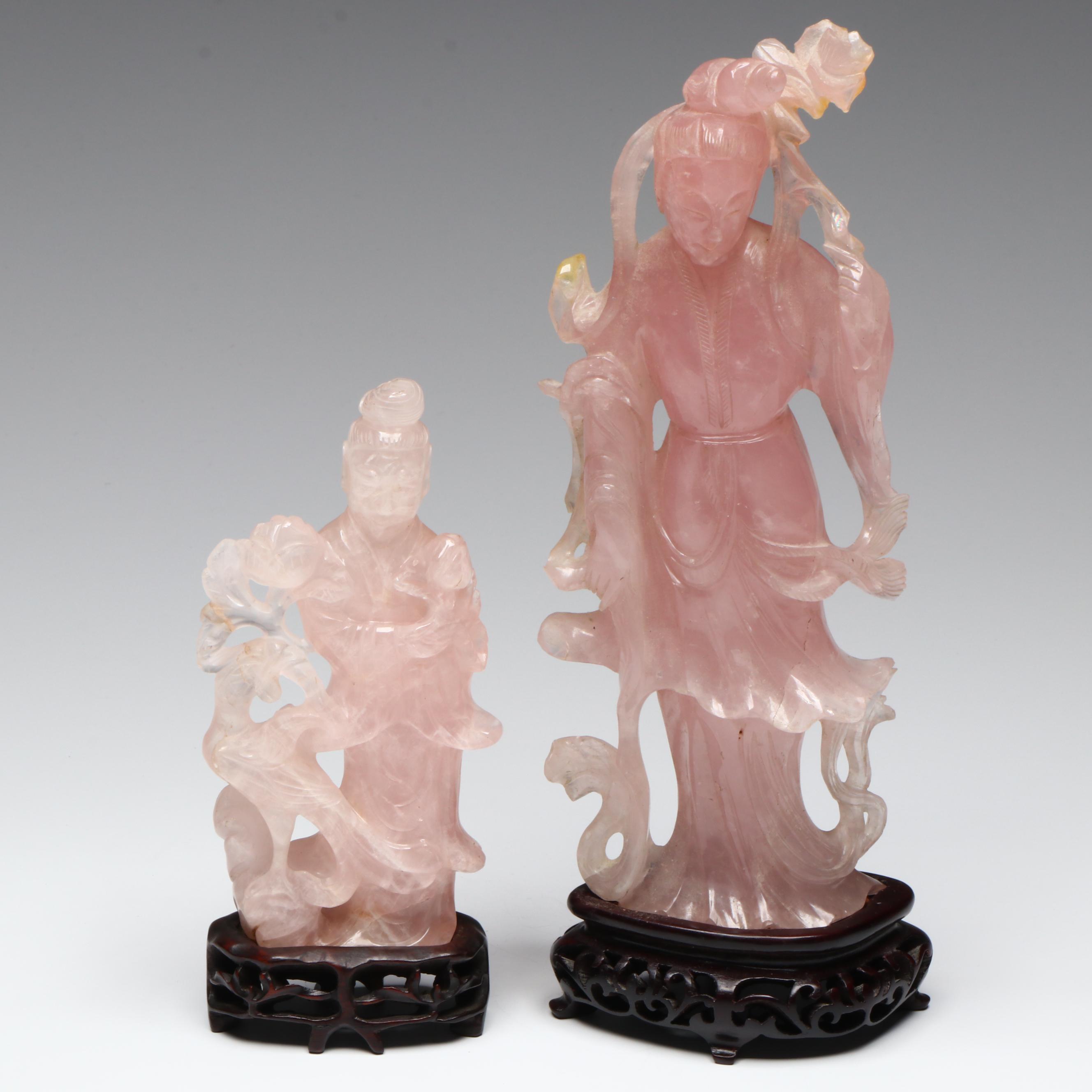 Chinese Carved Rose Quartz Guanyin Figures on Wood Base