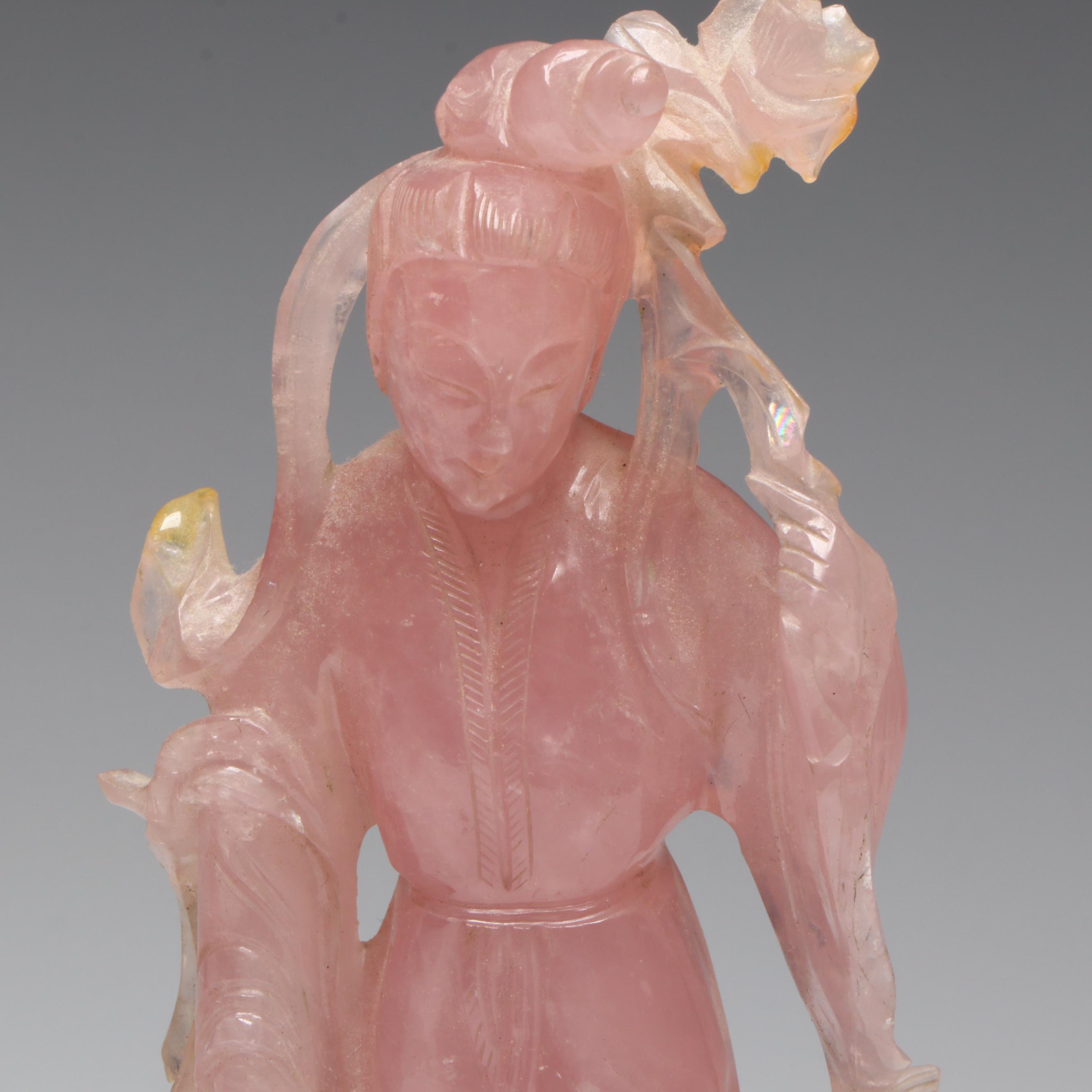 Chinese Carved Rose Quartz Guanyin Figures on Wood Base