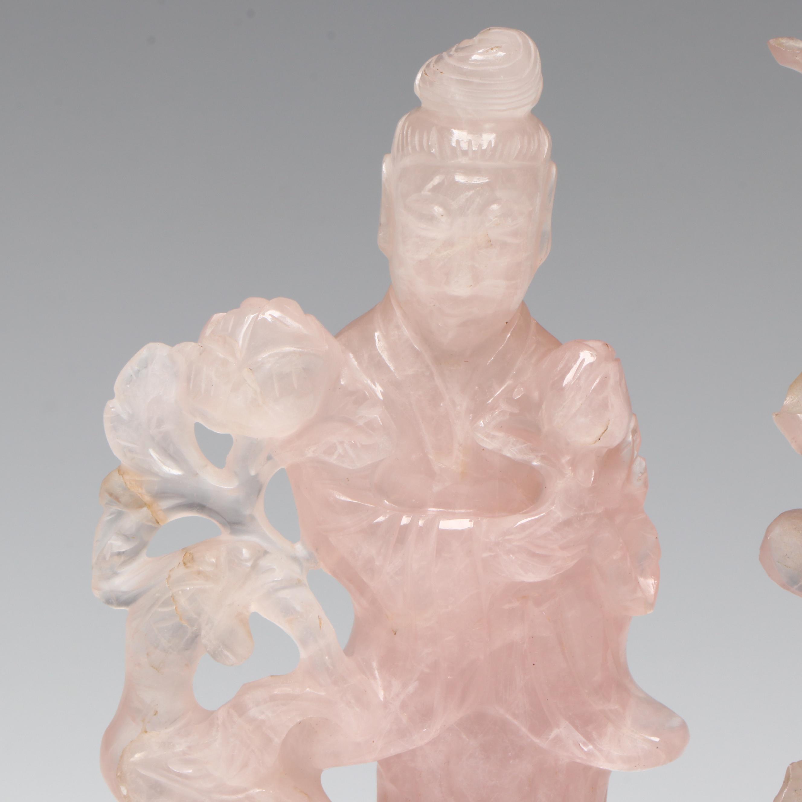 Chinese Carved Rose Quartz Guanyin Figures on Wood Base