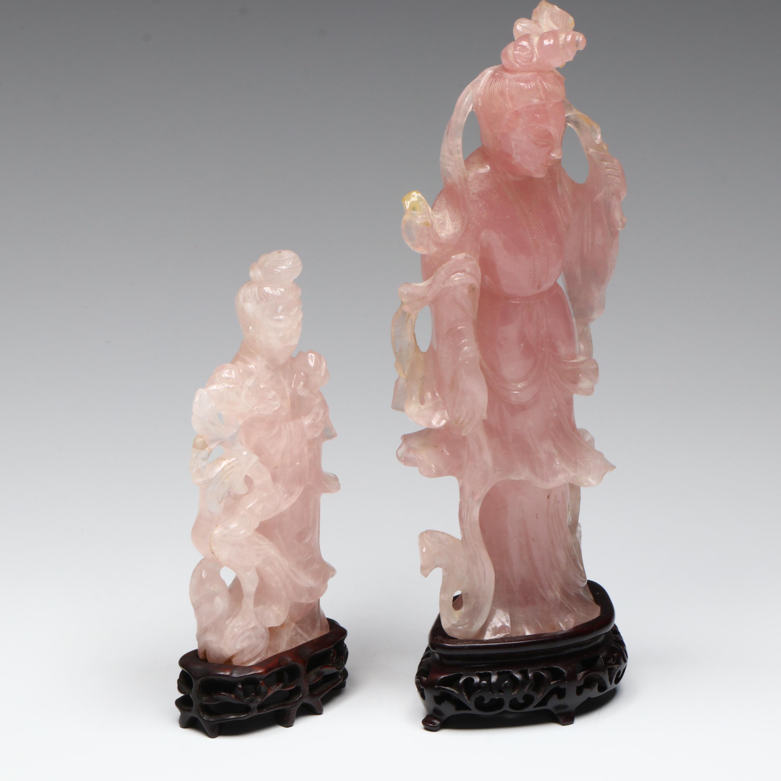Chinese Carved Rose Quartz Guanyin Figures on Wood Base