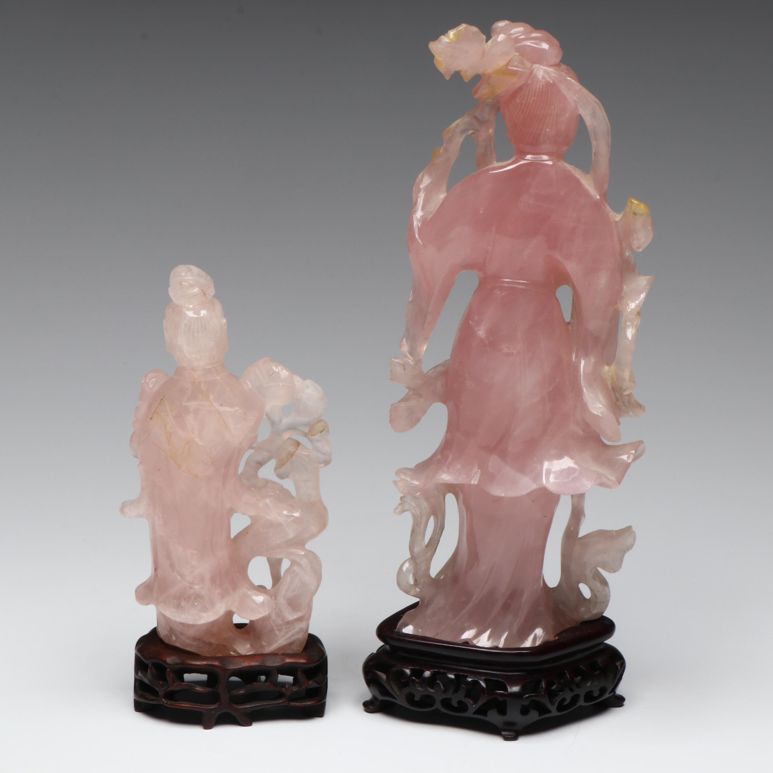 Chinese Carved Rose Quartz Guanyin Figures on Wood Base