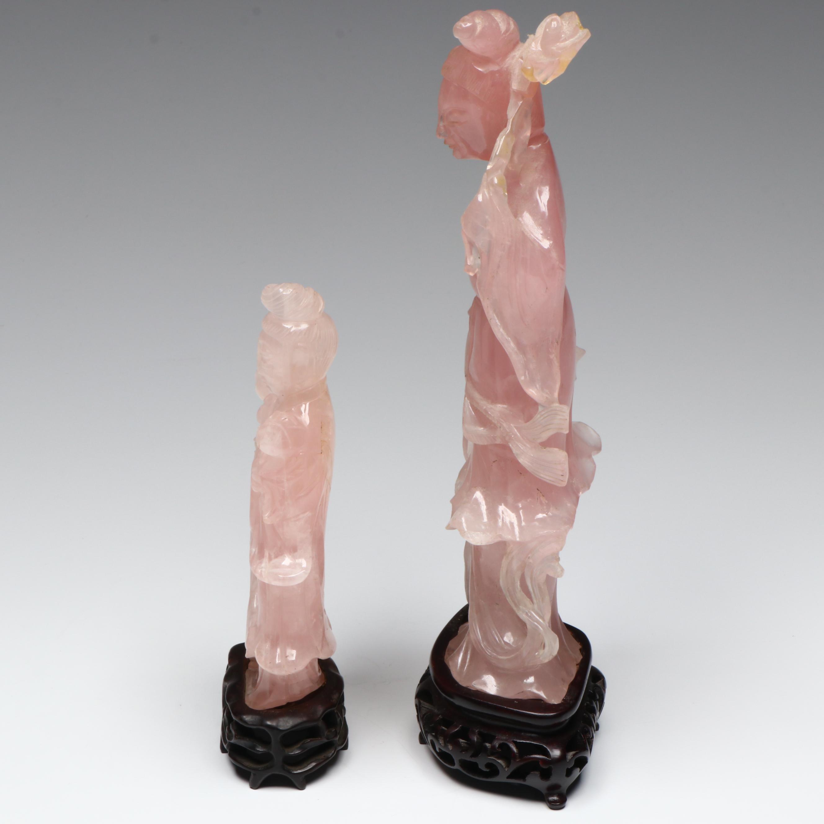 Chinese Carved Rose Quartz Guanyin Figures on Wood Base