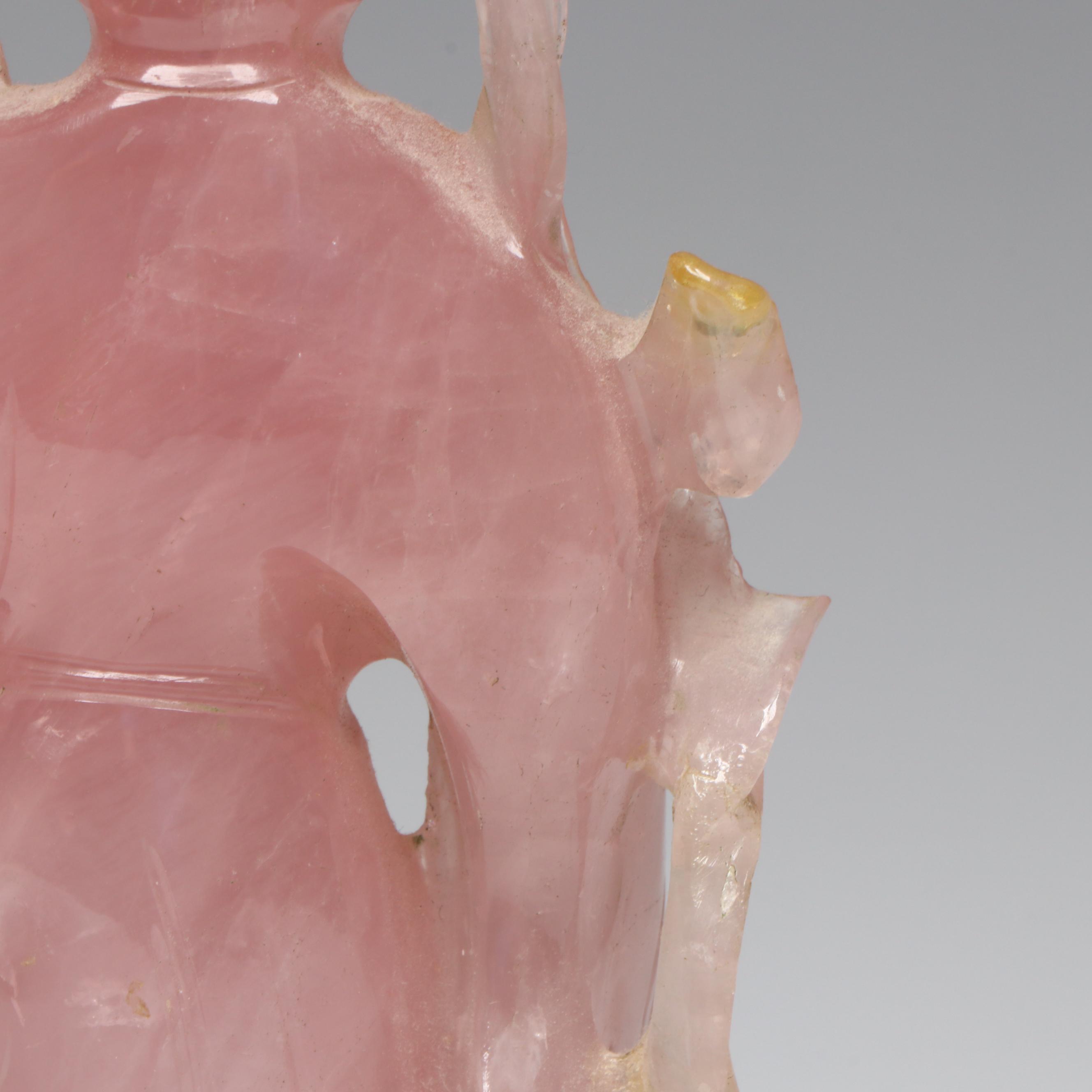 Chinese Carved Rose Quartz Guanyin Figures on Wood Base