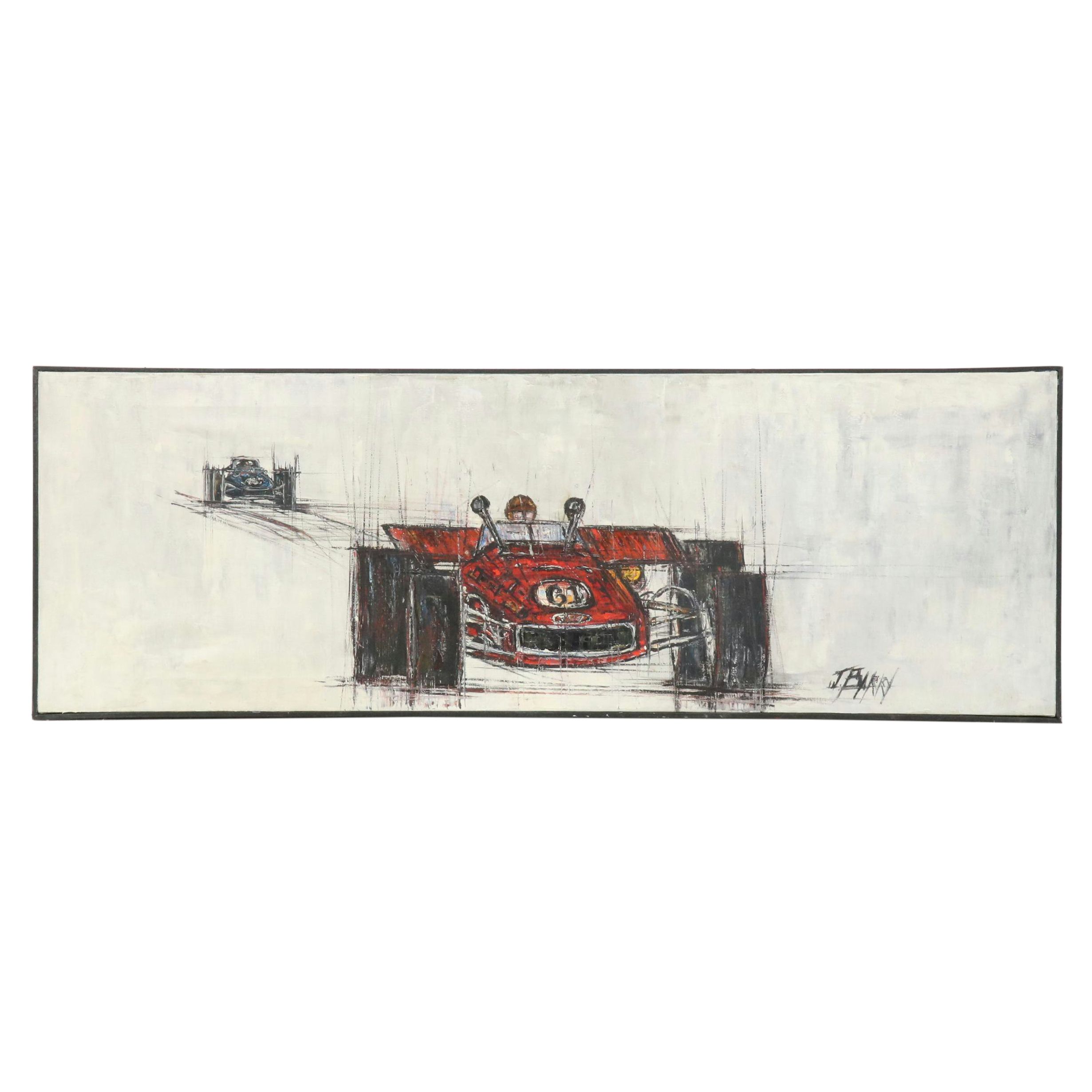 F. Barry Modernist Style Acrylic Painting of Formula 1 Racecars