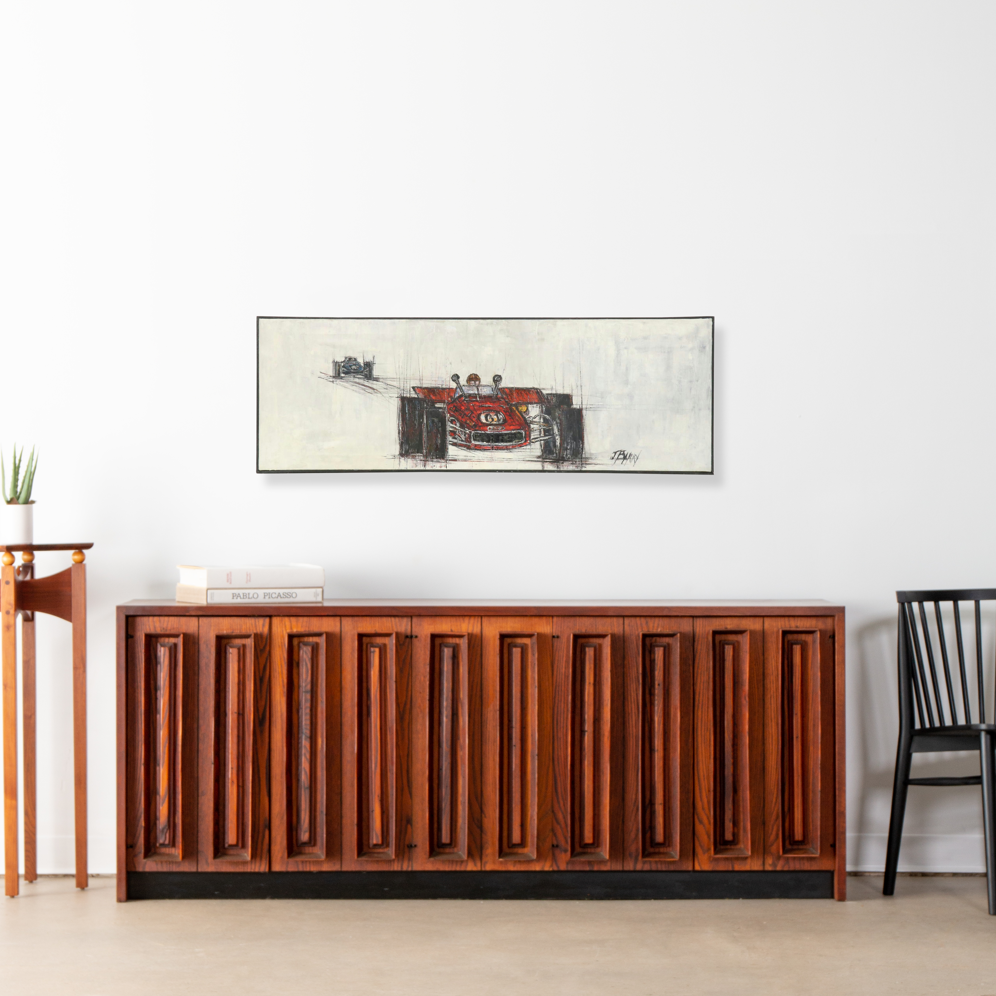 F. Barry Modernist Style Acrylic Painting of Formula 1 Racecars