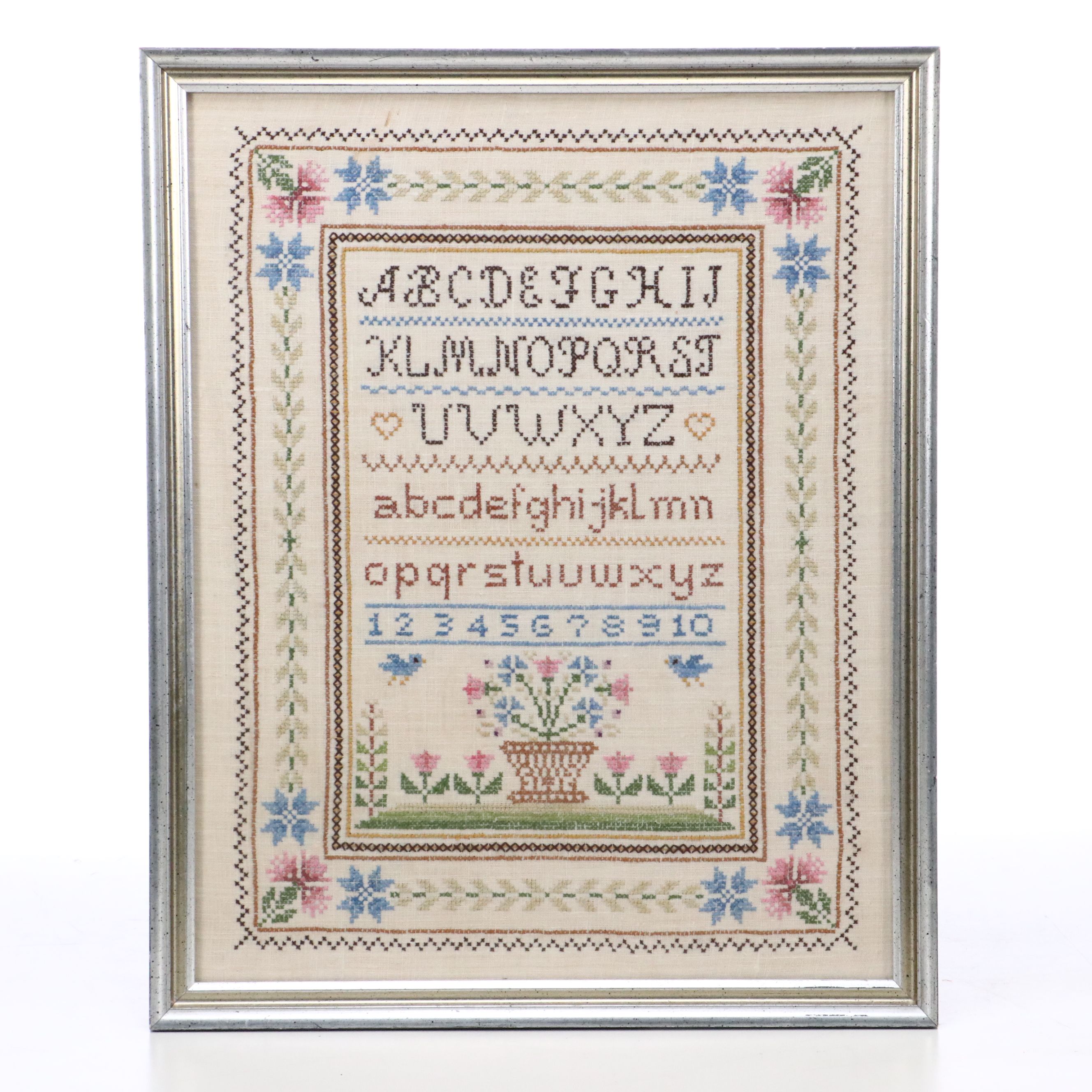 Handmade Cross-Stitch Sampler in Frame