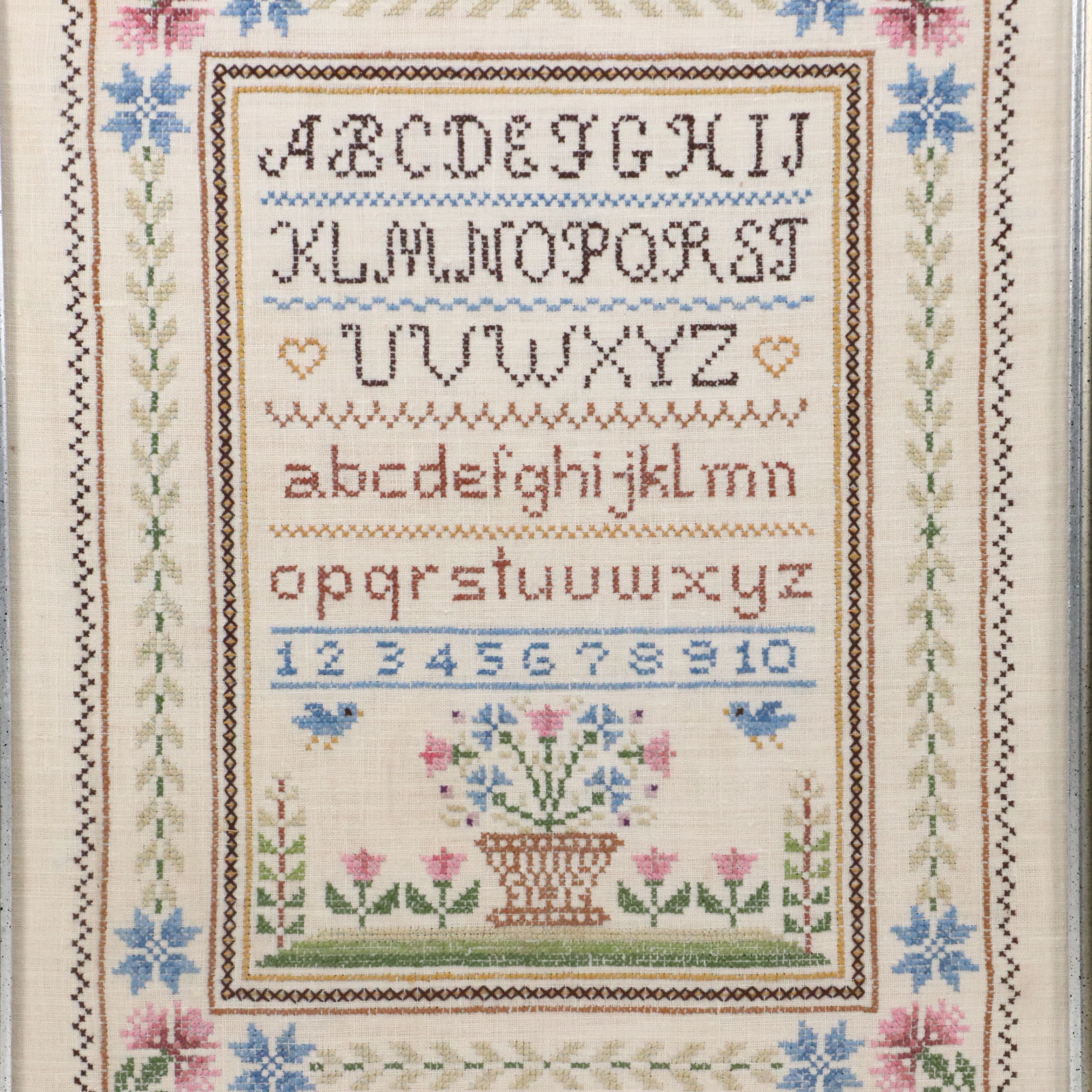 Handmade Cross-Stitch Sampler in Frame