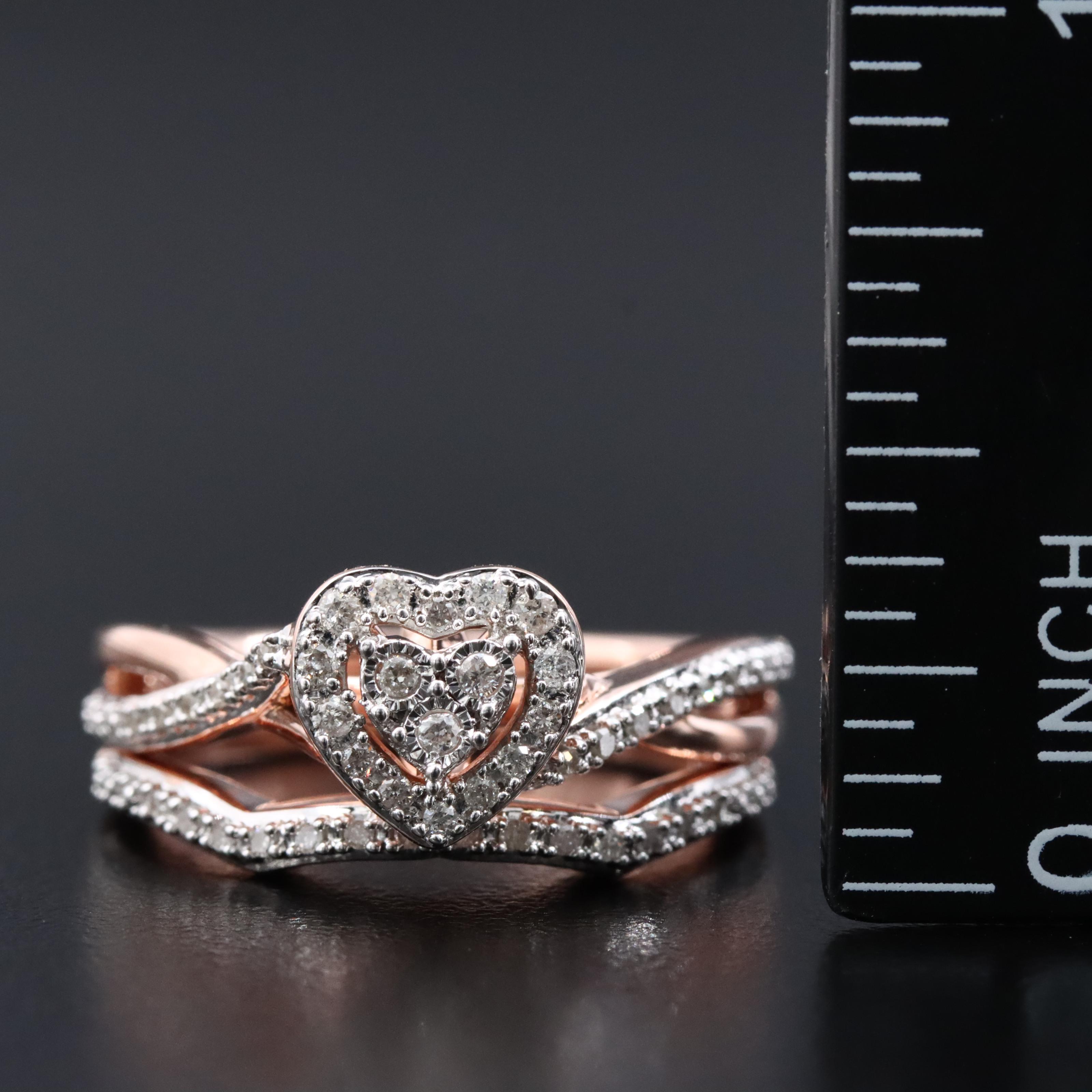 Sterling Diamond Heart Halo Ring Set