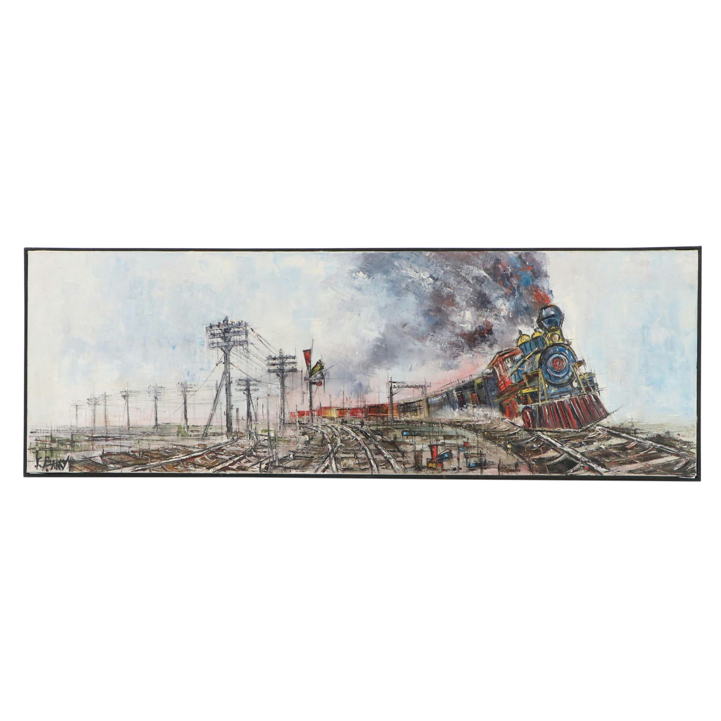F. Barry Impasto Oil Painting of Steam Locomotive, Mid-20th Century