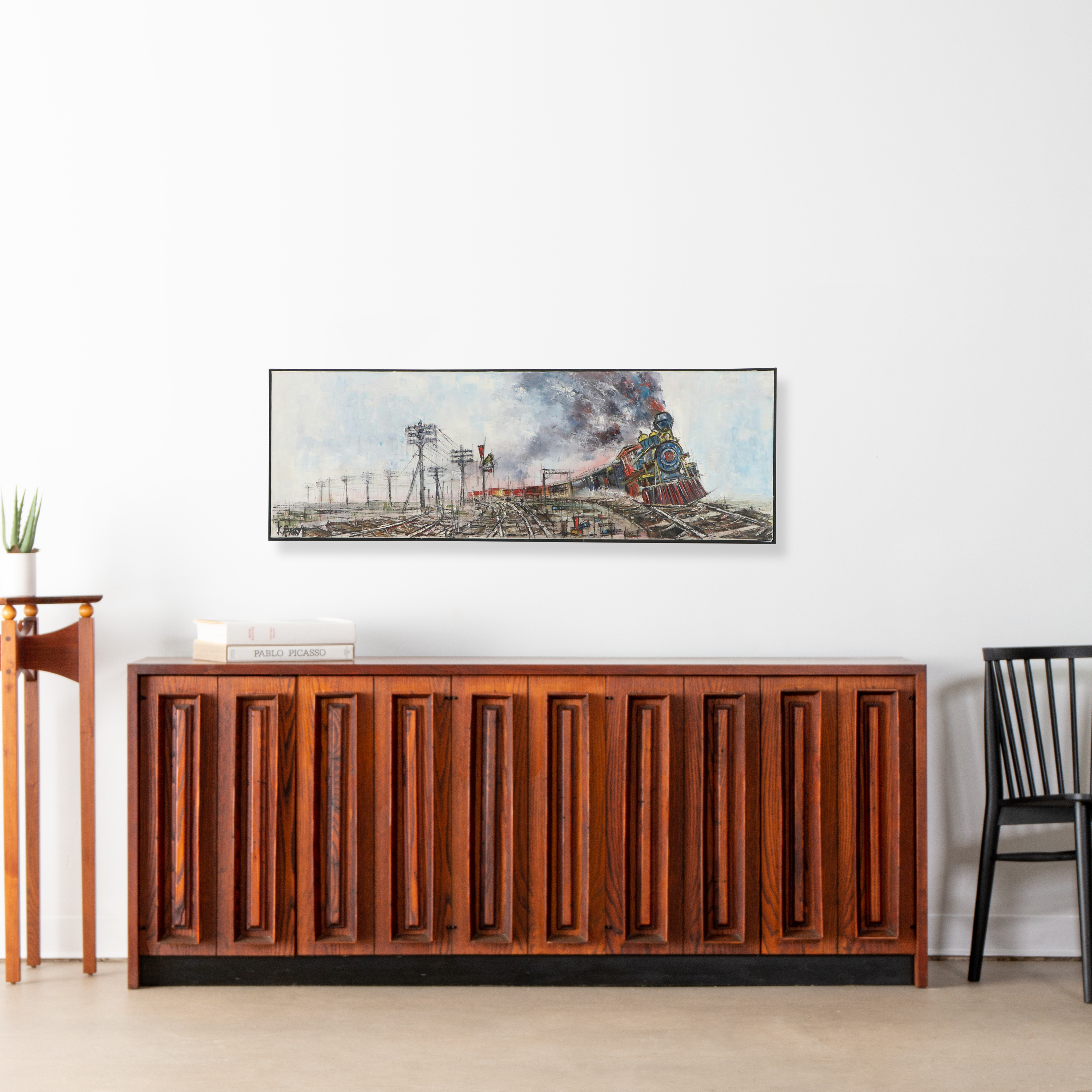 F. Barry Impasto Oil Painting of Steam Locomotive, Mid-20th Century