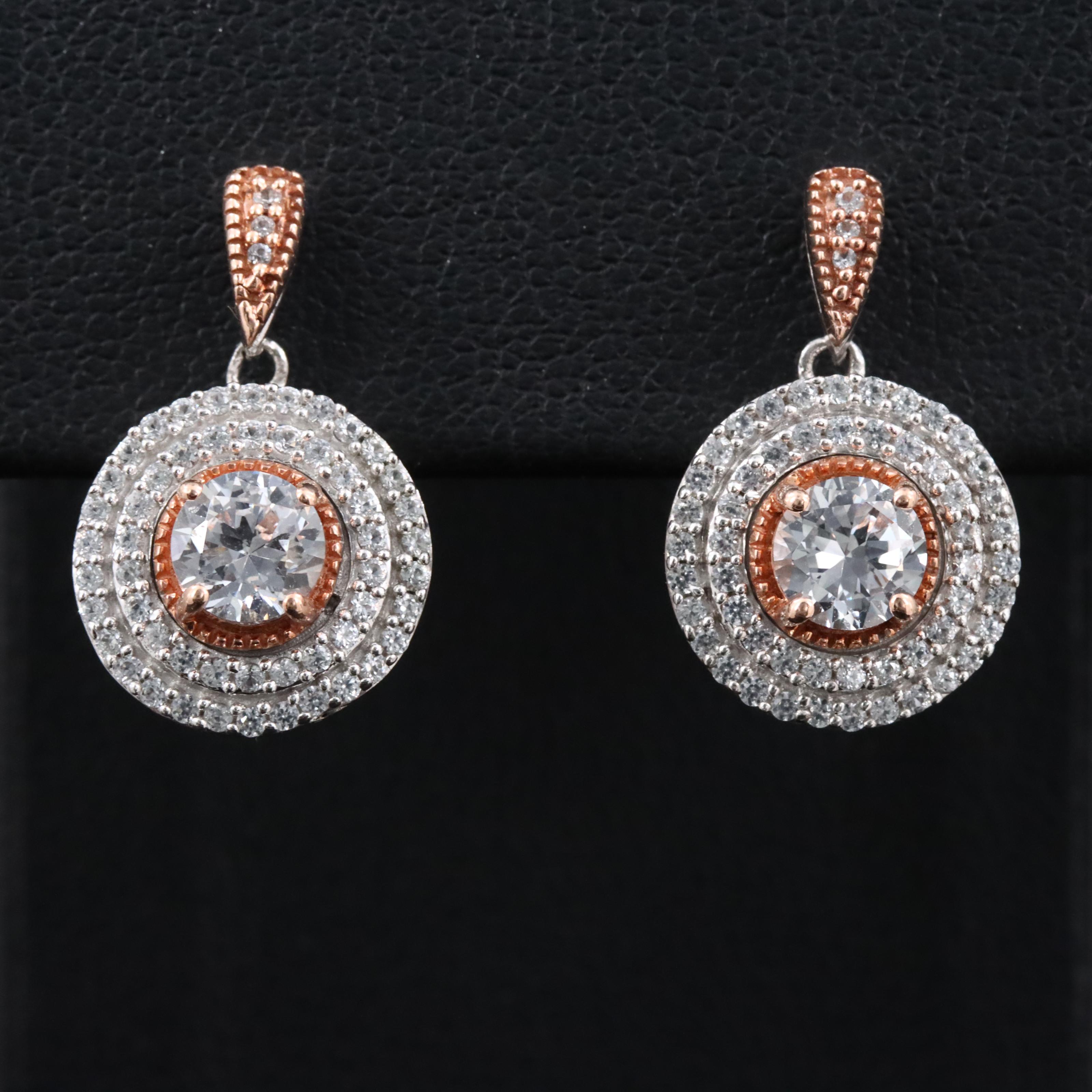 Sterling Sapphire Halo Earrings with 10K Rose Gold Accents