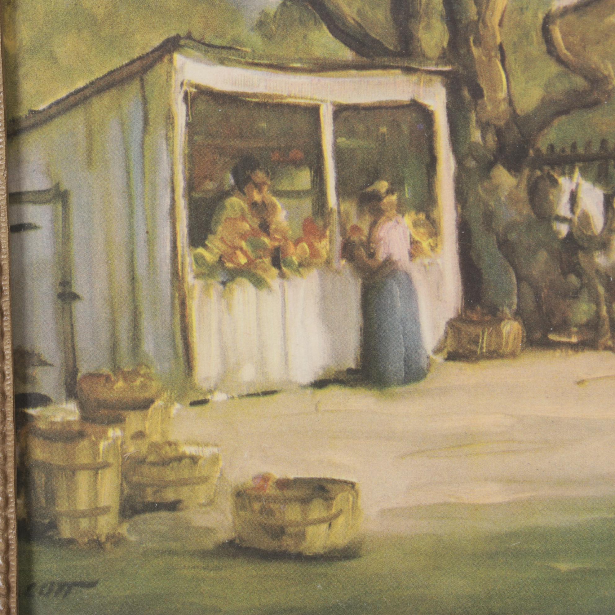 H.C. Walcott Impressionist Market and Horse Drawn Carriage Offset Lithograph