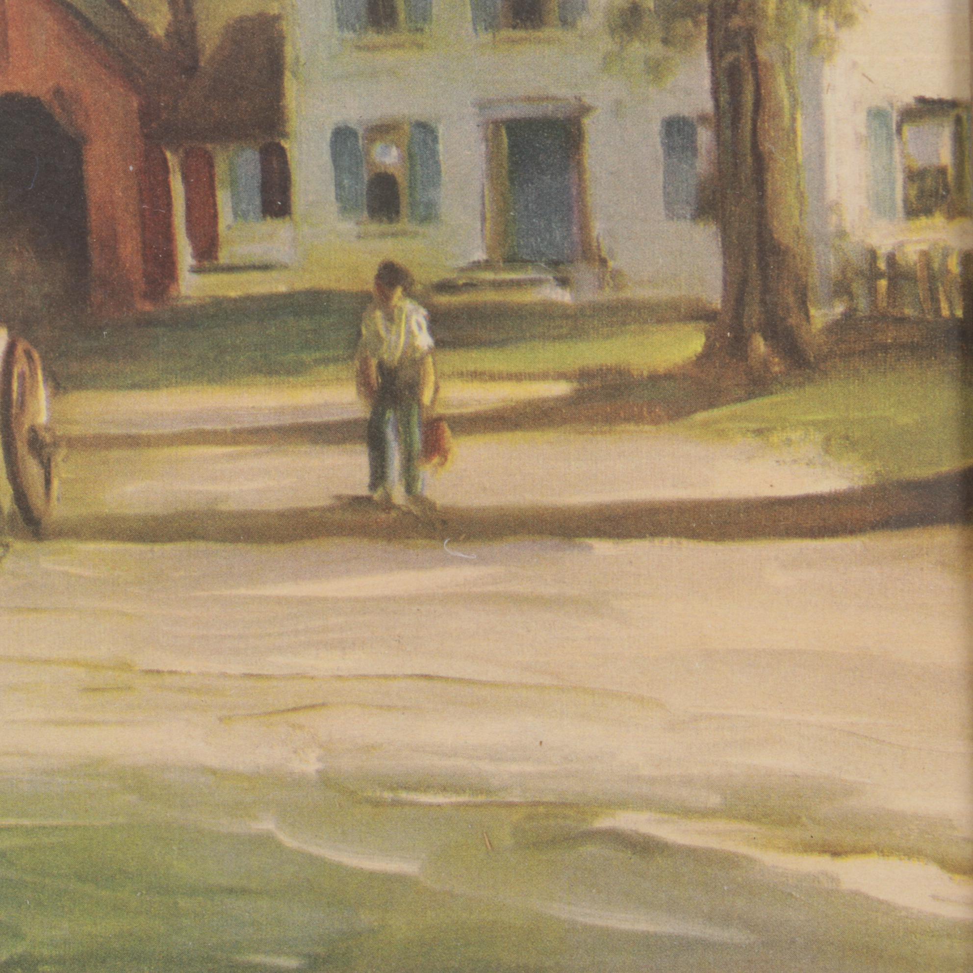 H.C. Walcott Impressionist Market and Horse Drawn Carriage Offset Lithograph