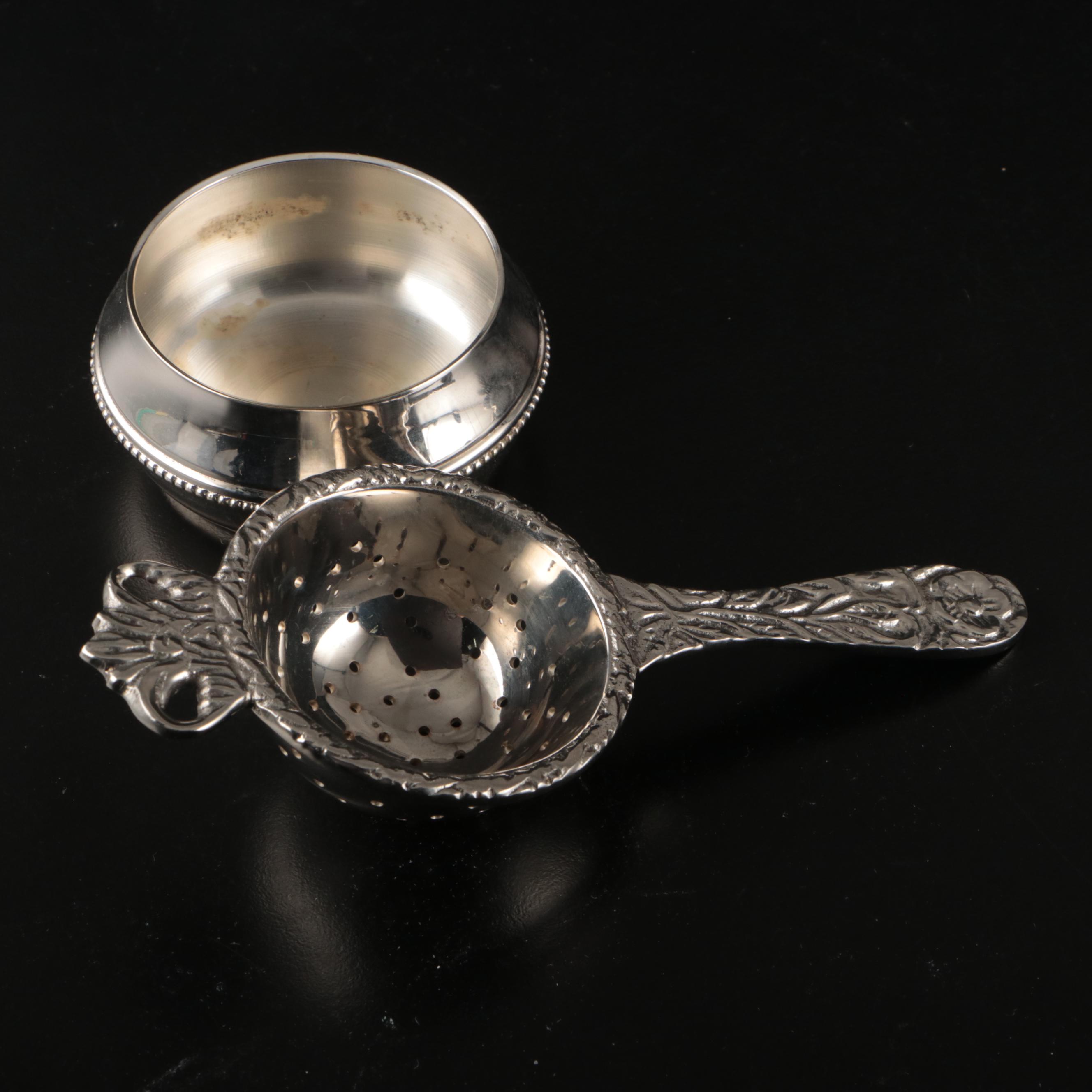 Spode "Mandarin Gold" Cups and Saucers with Stainless Over Cup Tea Strainer