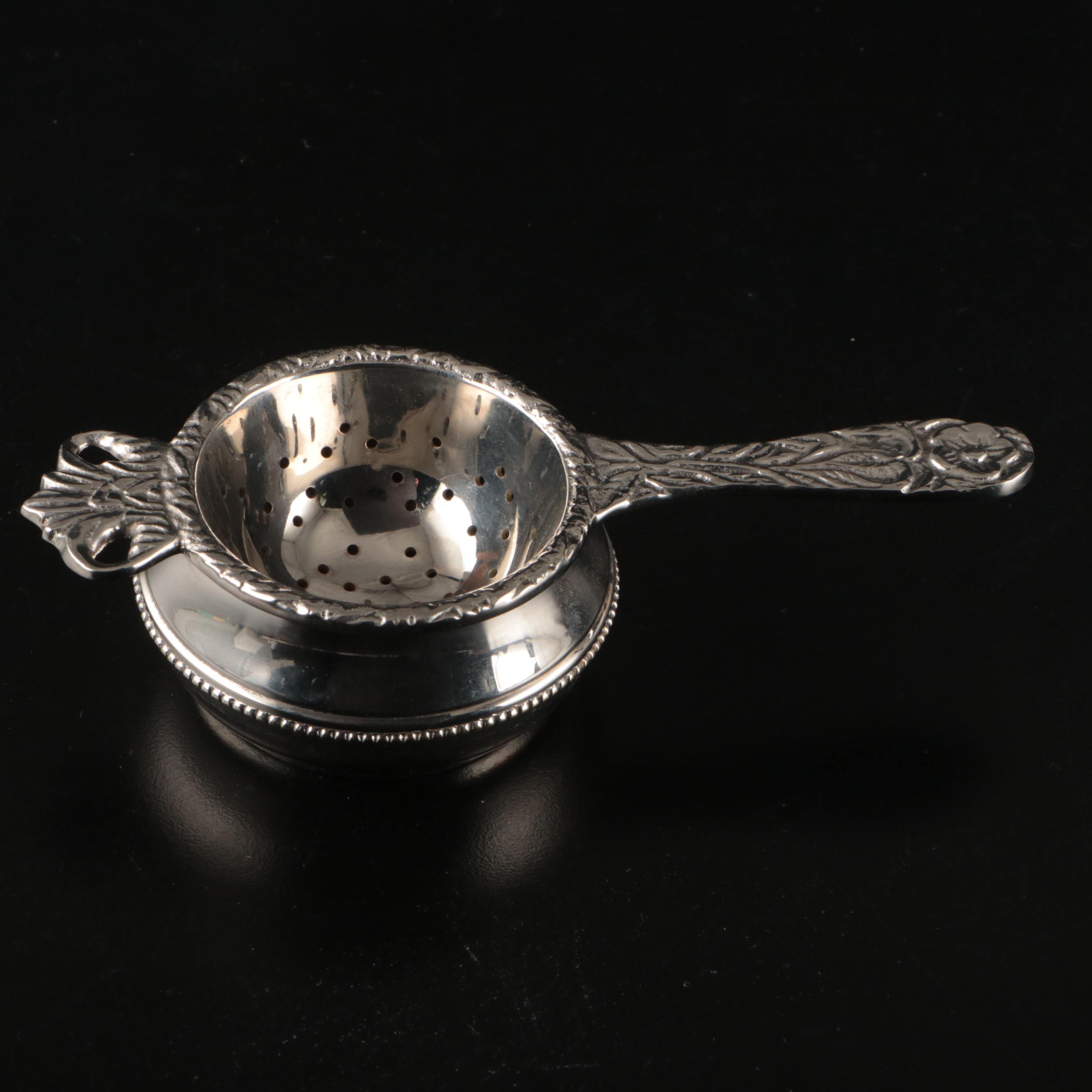 Spode "Mandarin Gold" Cups and Saucers with Stainless Over Cup Tea Strainer