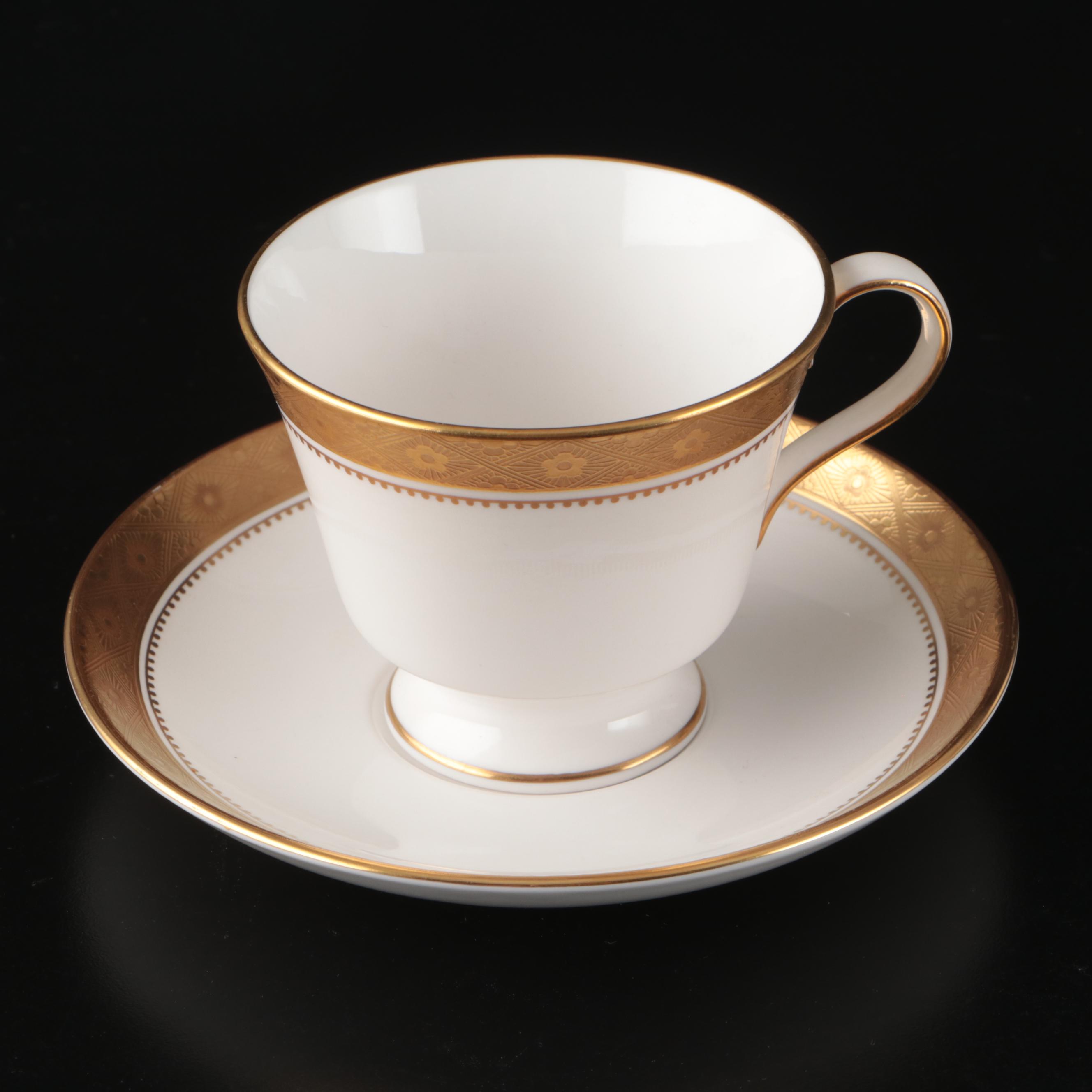 Spode "Mandarin Gold" Cups and Saucers with Stainless Over Cup Tea Strainer