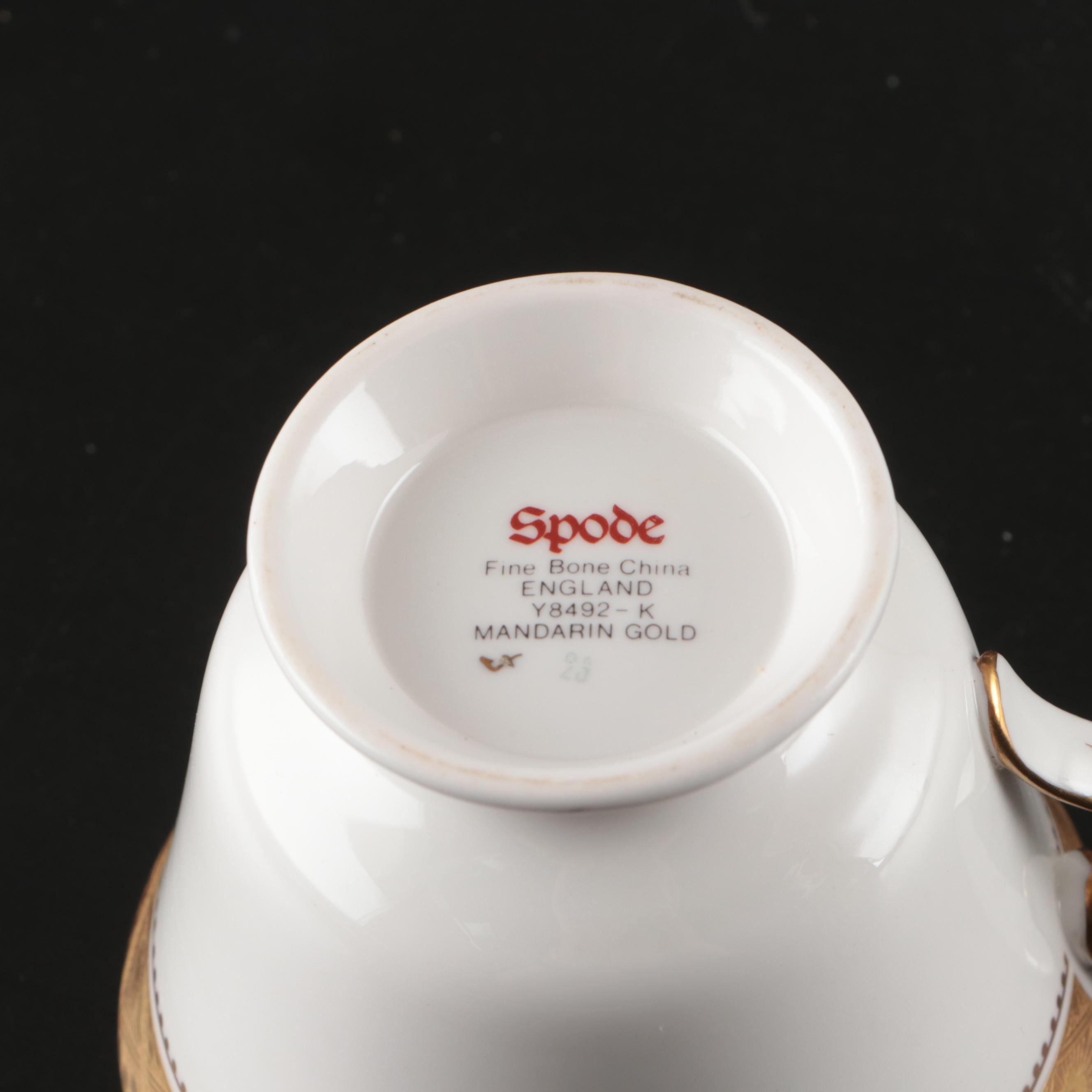 Spode "Mandarin Gold" Cups and Saucers with Stainless Over Cup Tea Strainer