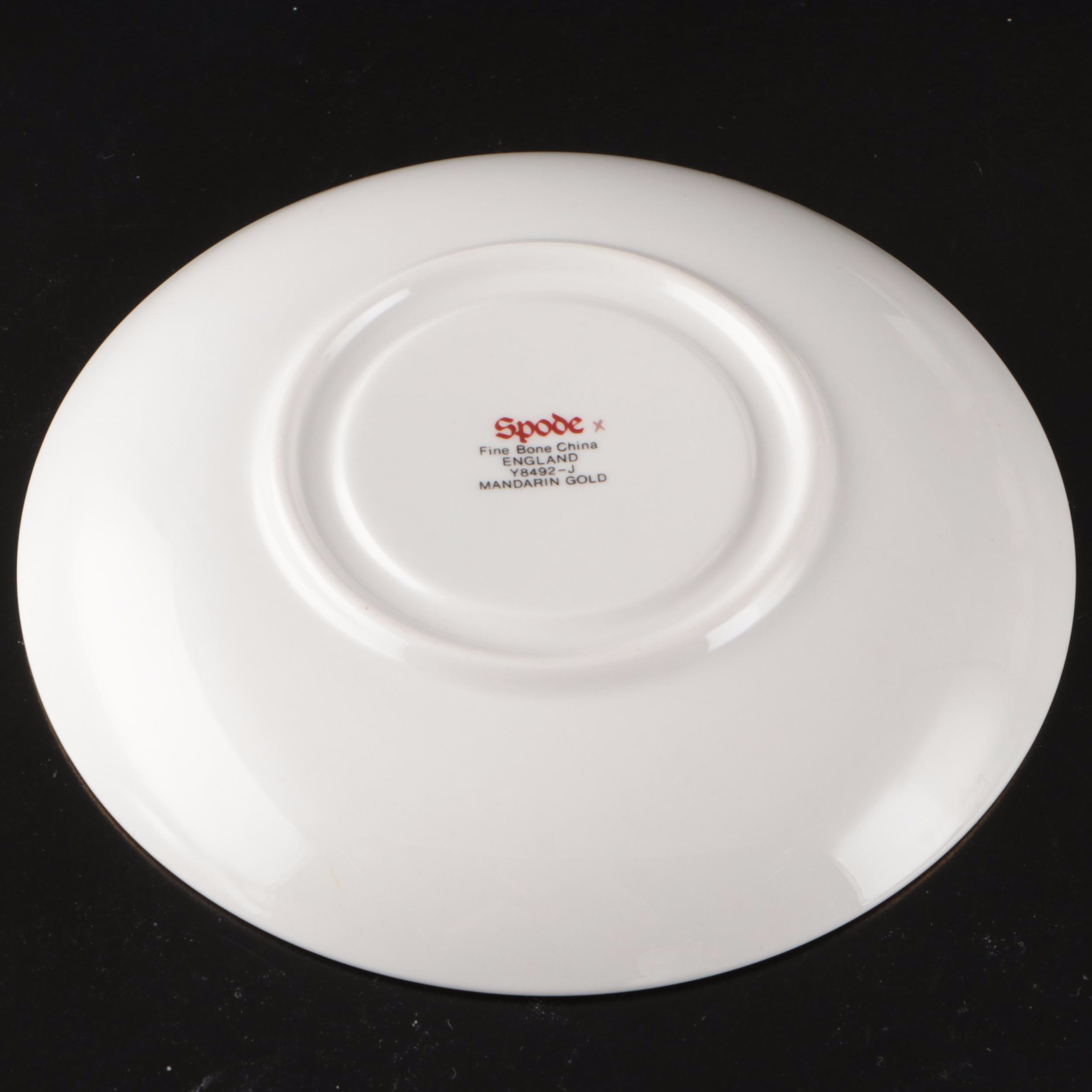 Spode "Mandarin Gold" Cups and Saucers with Stainless Over Cup Tea Strainer