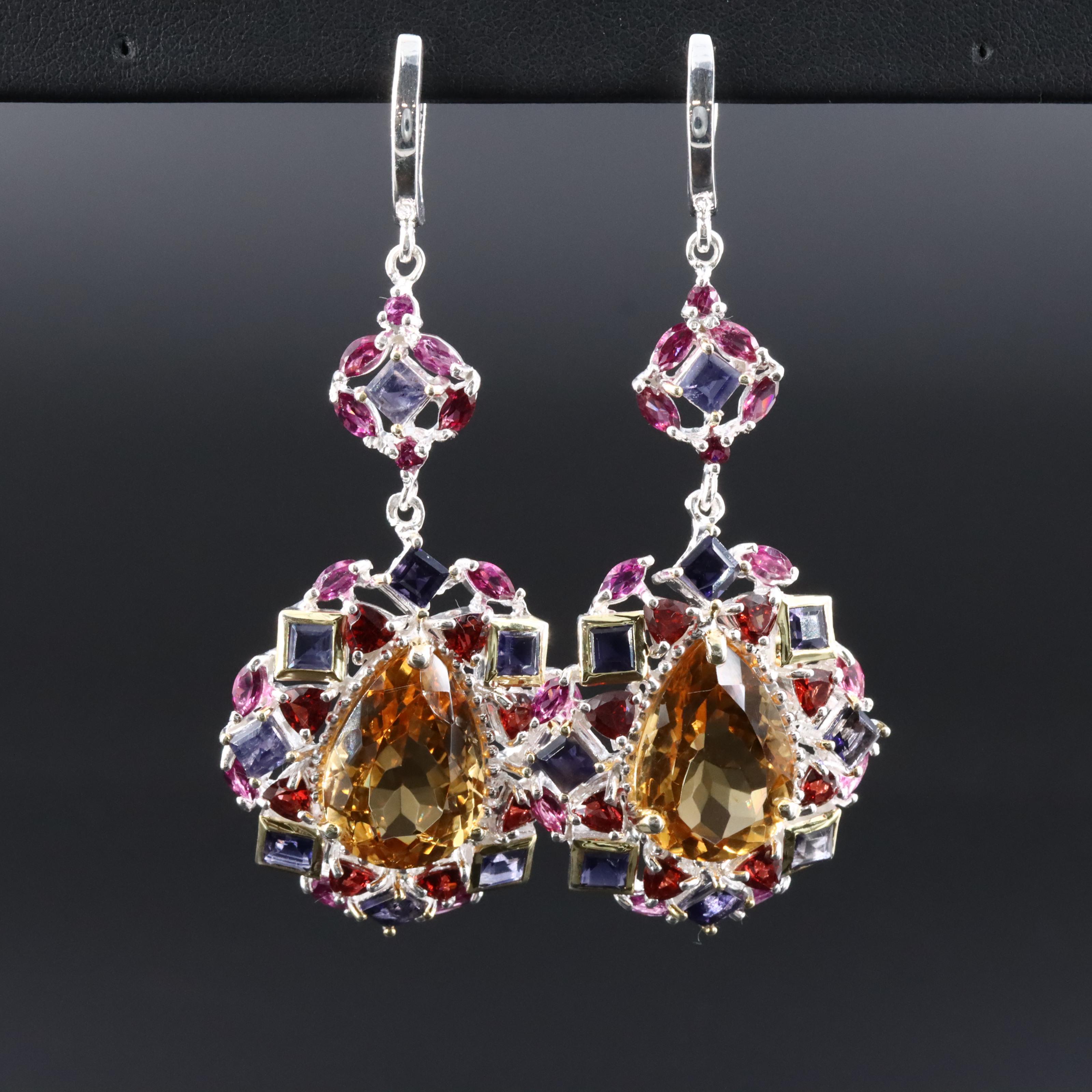 Sterling Citrine, Iolite and Garnet Earrings