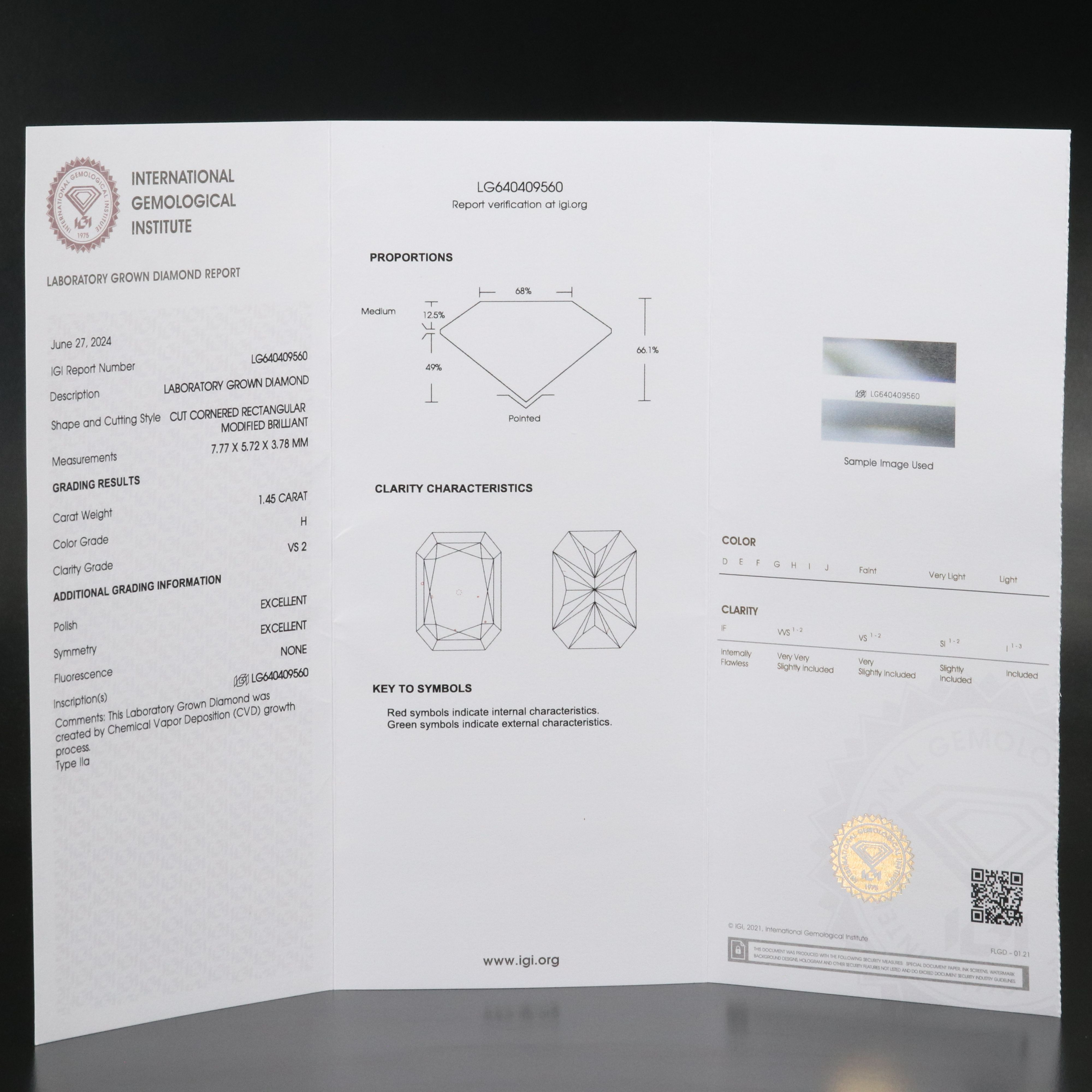 Loose 1.45 CT Lab Grown Diamond with IGI Report