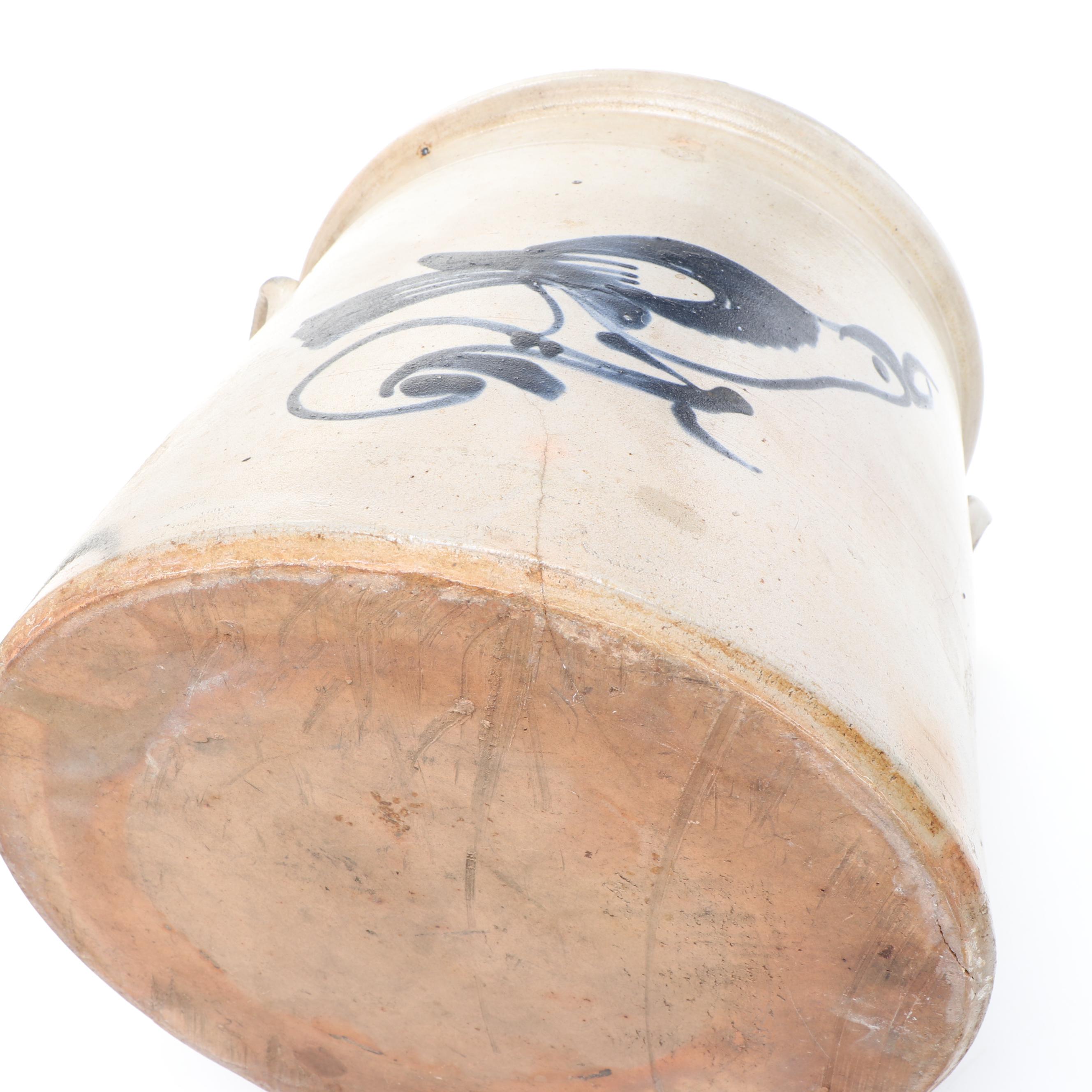 New York Stoneware Three Gallon Stoneware Crock with Freehand Cobalt Bird