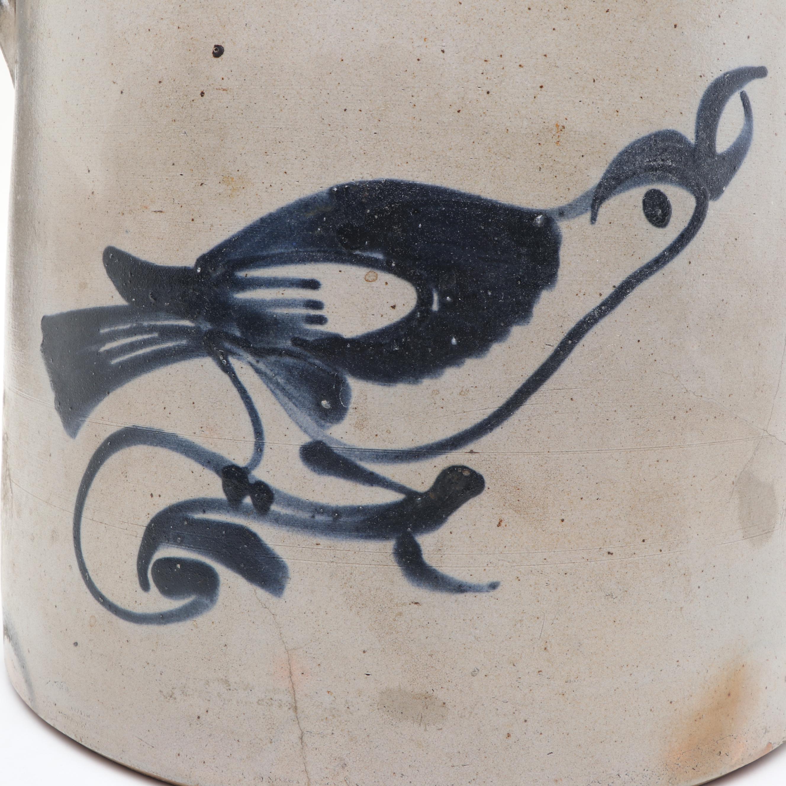 New York Stoneware Three Gallon Stoneware Crock with Freehand Cobalt Bird