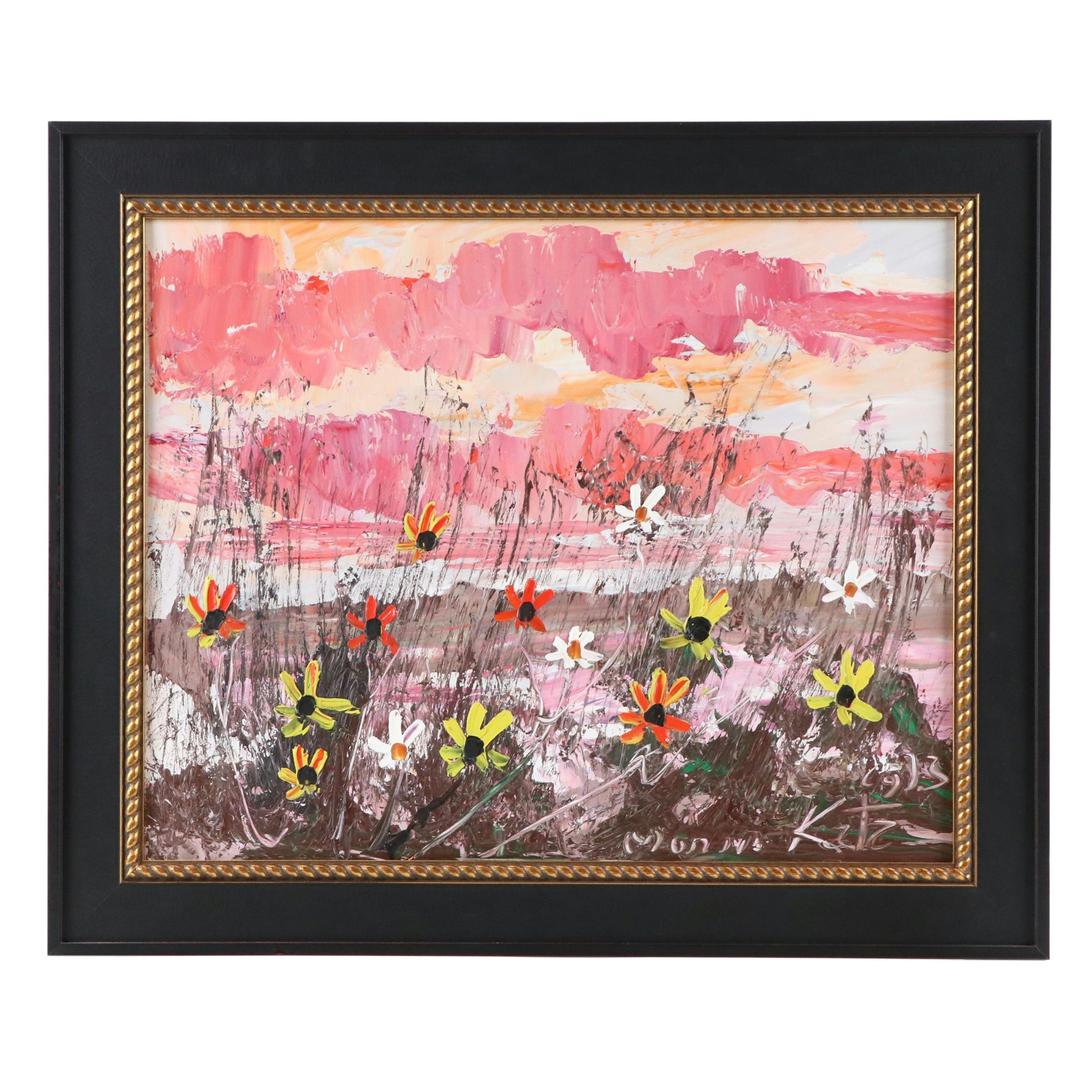 Morris Katz Floral Landscape Acrylic Painting, 1973