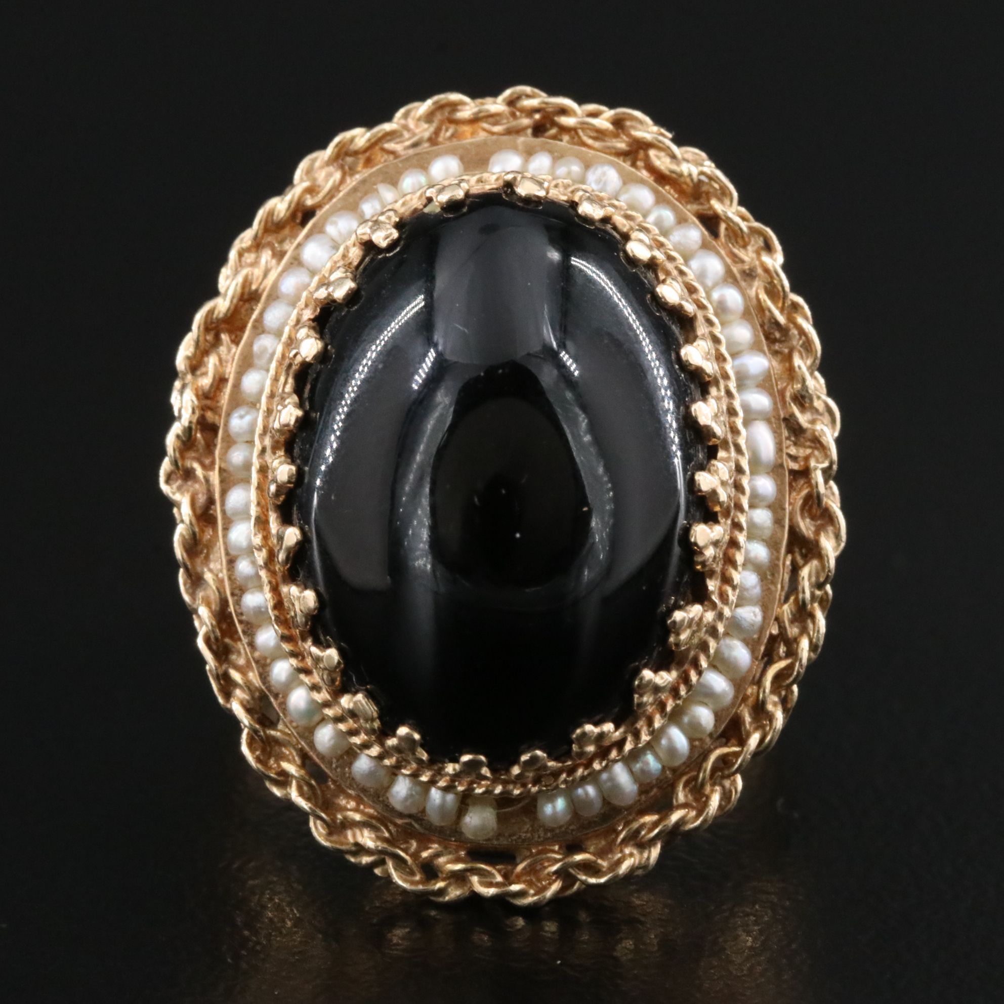 Vintage 14K Black Onyx and Seed Pearl Ring