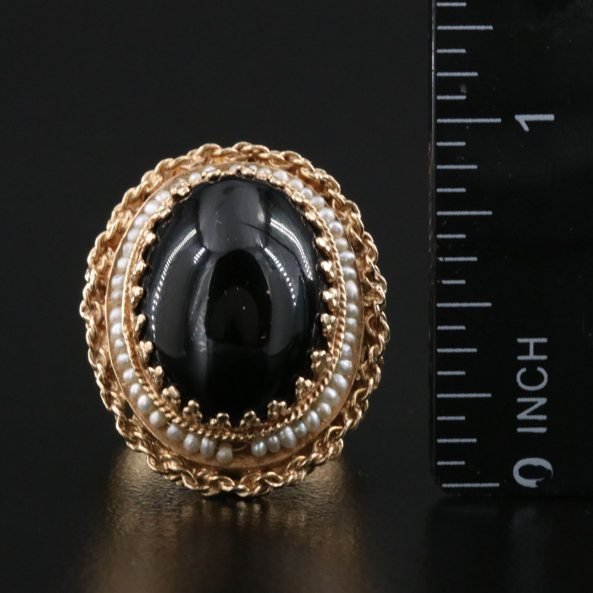 Vintage 14K Black Onyx and Seed Pearl Ring