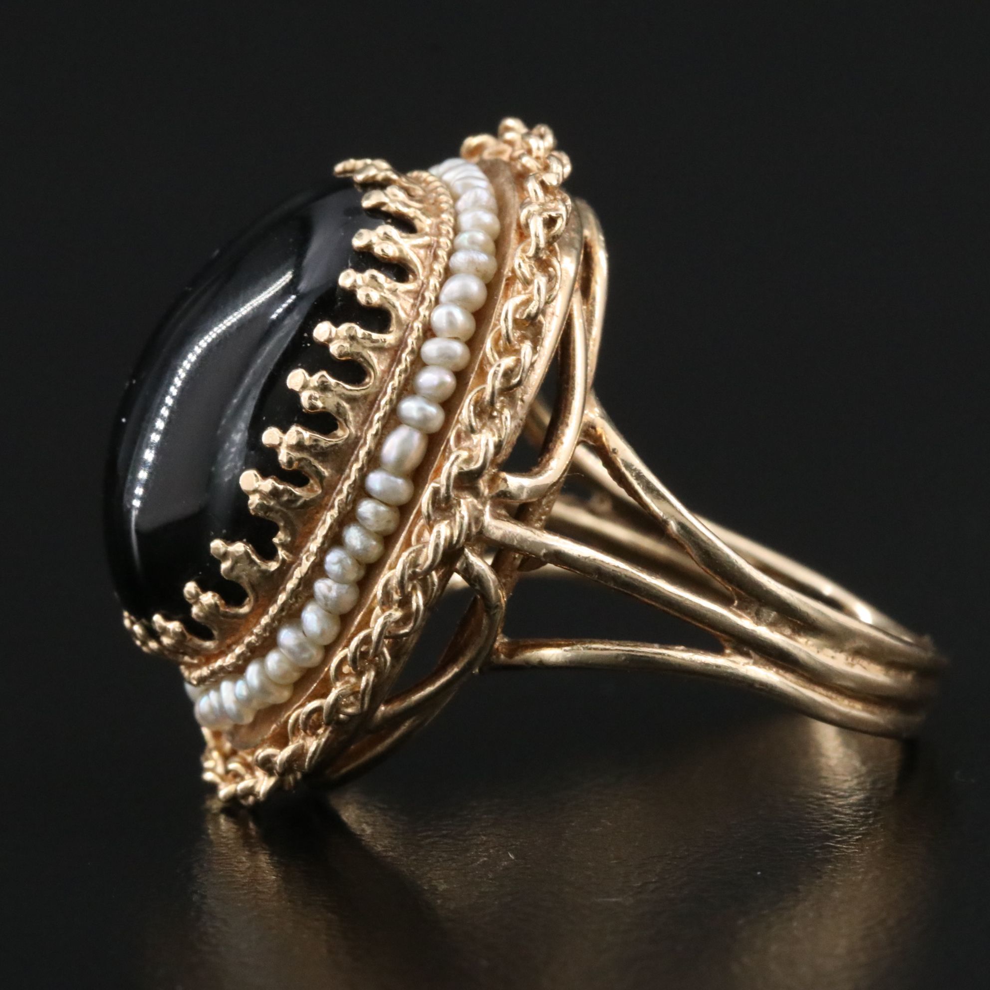 Vintage 14K Black Onyx and Seed Pearl Ring