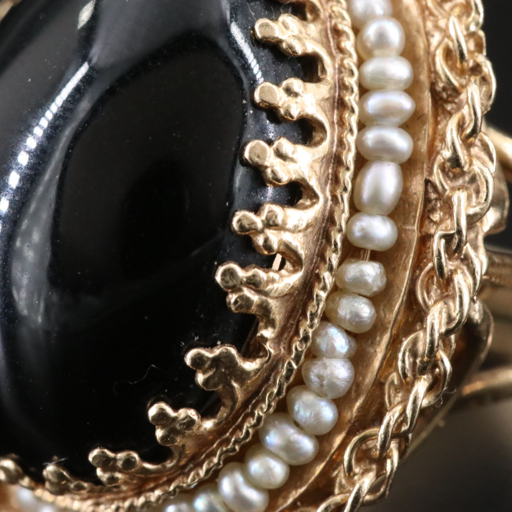 Vintage 14K Black Onyx and Seed Pearl Ring